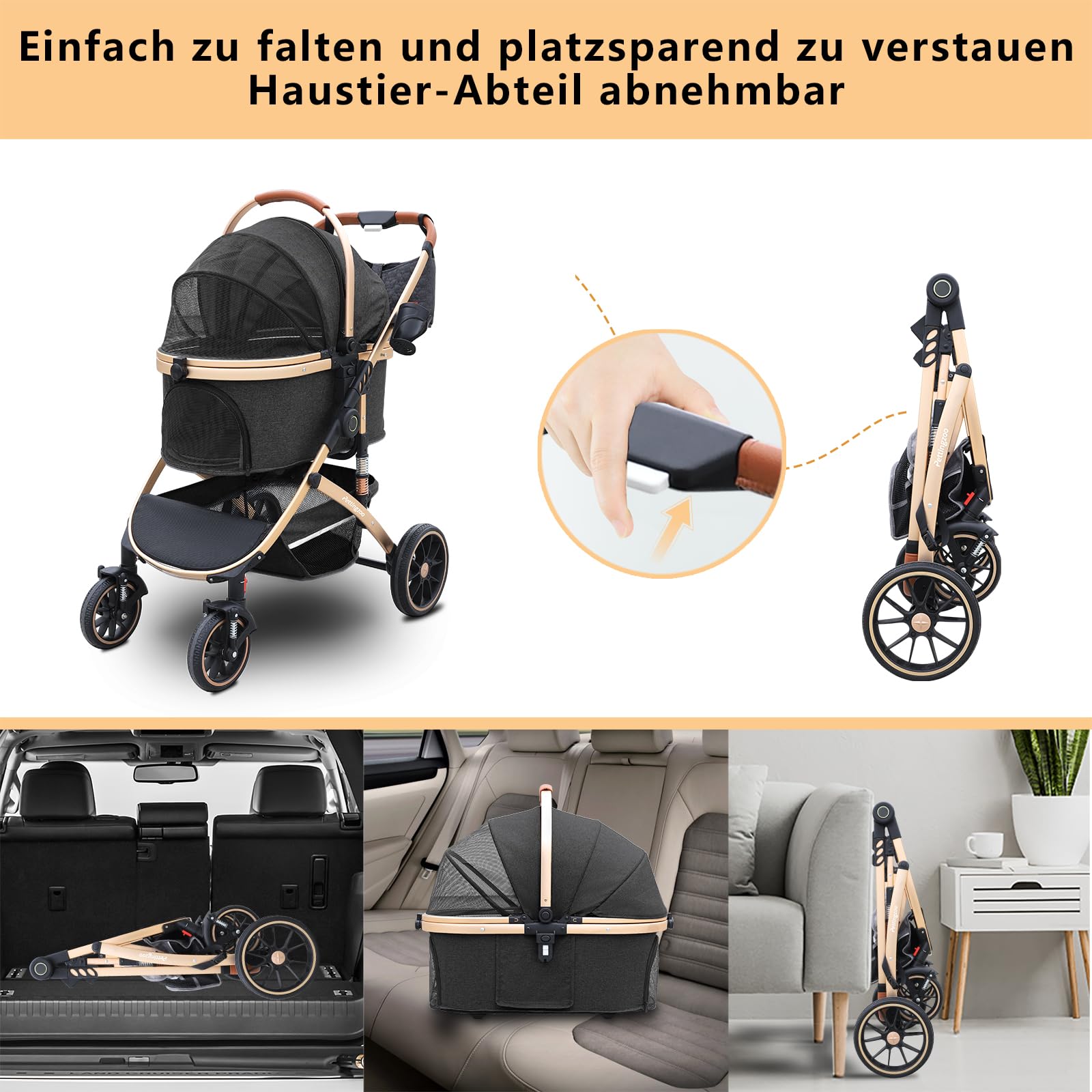 Hundewagen mit 4 Rädern, hundebuggy große Hunde & Katzen Hundebuggy bis 30kg, Hunde katzenwagen für 2 Katzen 360° Verschleißfeste Gummiräder Netzfenstern 3-in-1 multifunktio