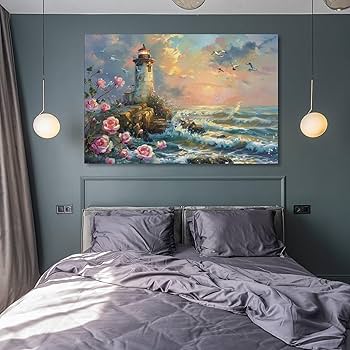 Amazon.co.jp: 絵画 灯台の海の眺めインテリア 絵画 油絵