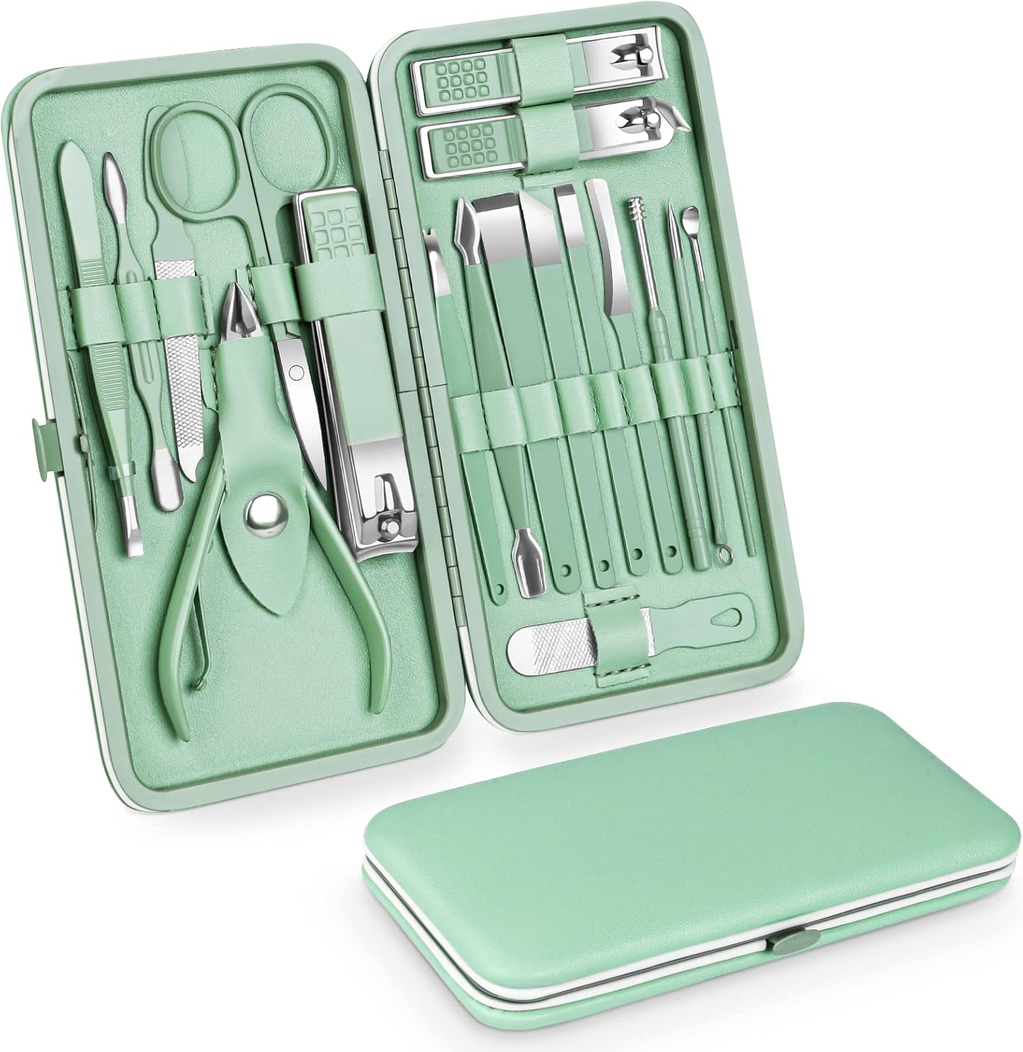 Teamkio 18pcs Manicure Set Pedicure Nail Clippers Set Travel Hygiene Kit Stainless Steel Professional Cutter Care Set Scissor Tweezers Knife Ear Pick Tools Grooming Kits with Leather Case