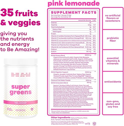 Miniatura 2 de BEAM be Amazing Super Greens - Polvo con prebióticos, enzimas digestivas y antioxidantes  Suplementos energéticos, 18 frutas y 8 verduras  Mezcla de