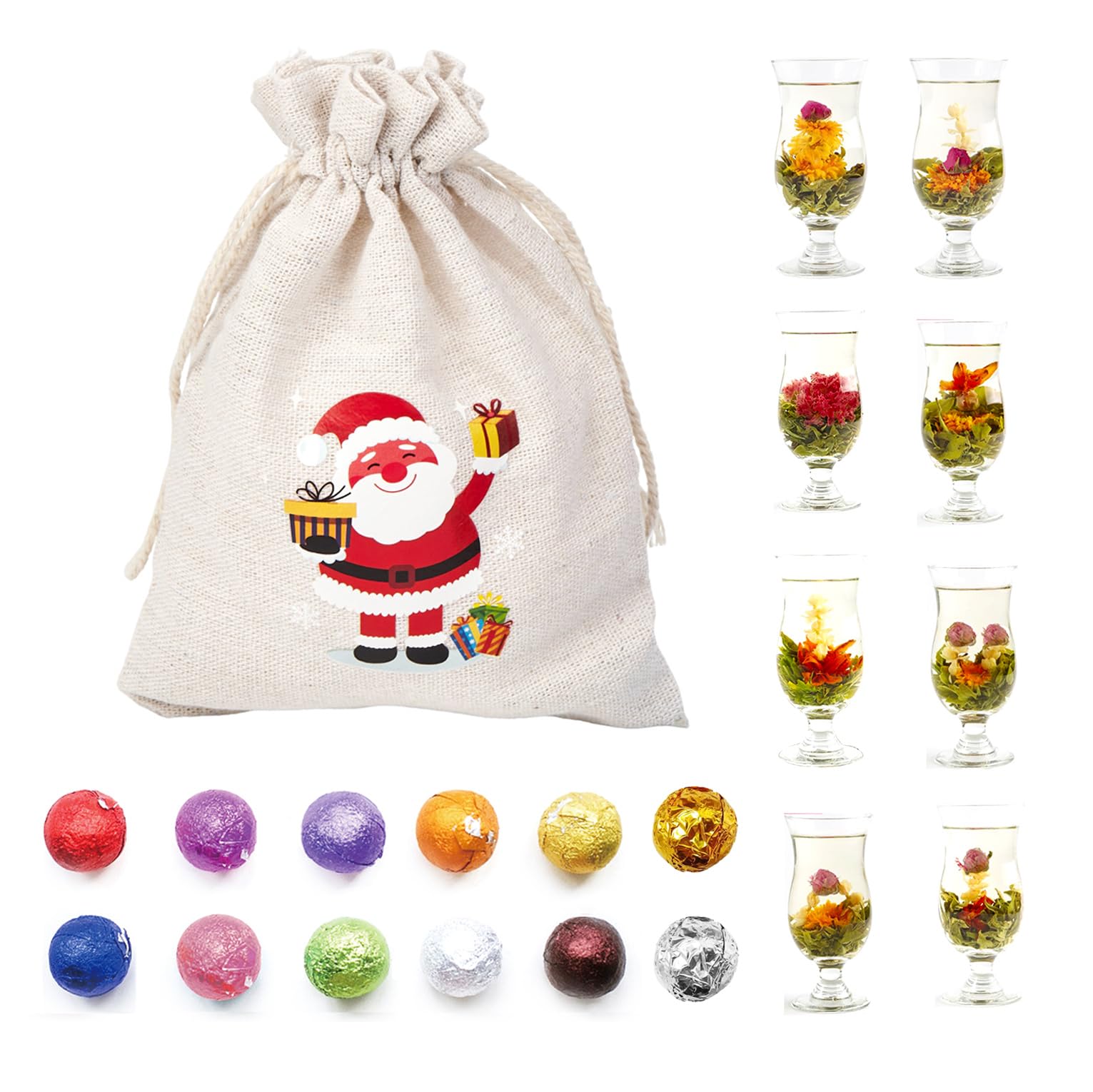 12 sortierte blühende Blumen-Teekugeln, Geschenk-Set für Weihnachten, handgefertigte Kräuter-Teekugeln, verschiedene individuelle Verpackung, blühende grüne Tees mit Blumen für Tee-Liebhaber
