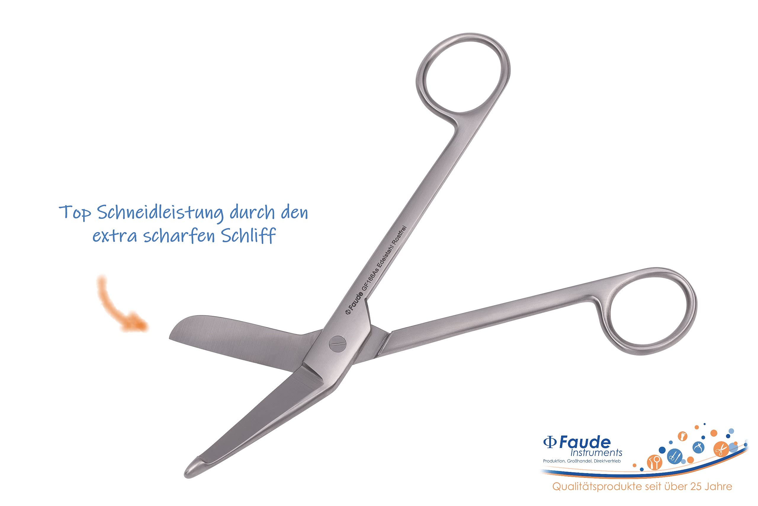 Hochwertige Faude Verbandschere nach Lister !!extra scharf!! für Verband, Pflaster und Kleider, rostfreier Edelstahl (groß 18cm)