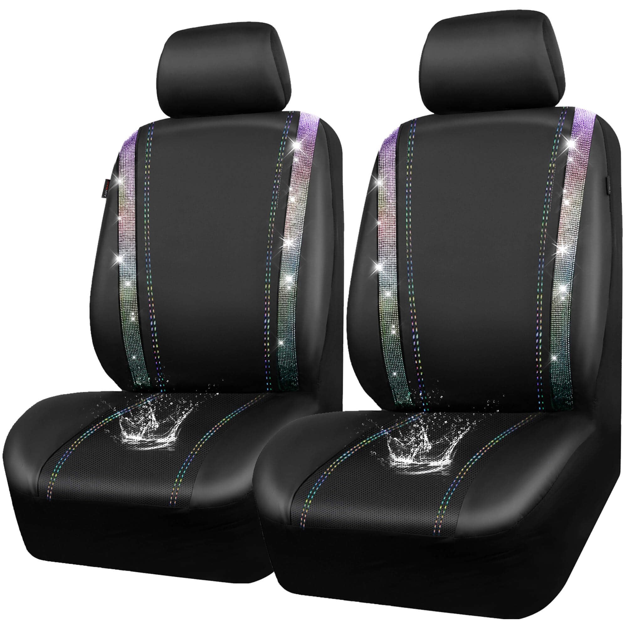 CAR PASS Leather Bling Diamond Car Seat Covers 2 Front Interior Sets, Waterproof Universal Shining Glitter Crystal Sparkle Fit for 95% Auto Truck SUV Cute Women Girl, Black Multicolor Rhinestone