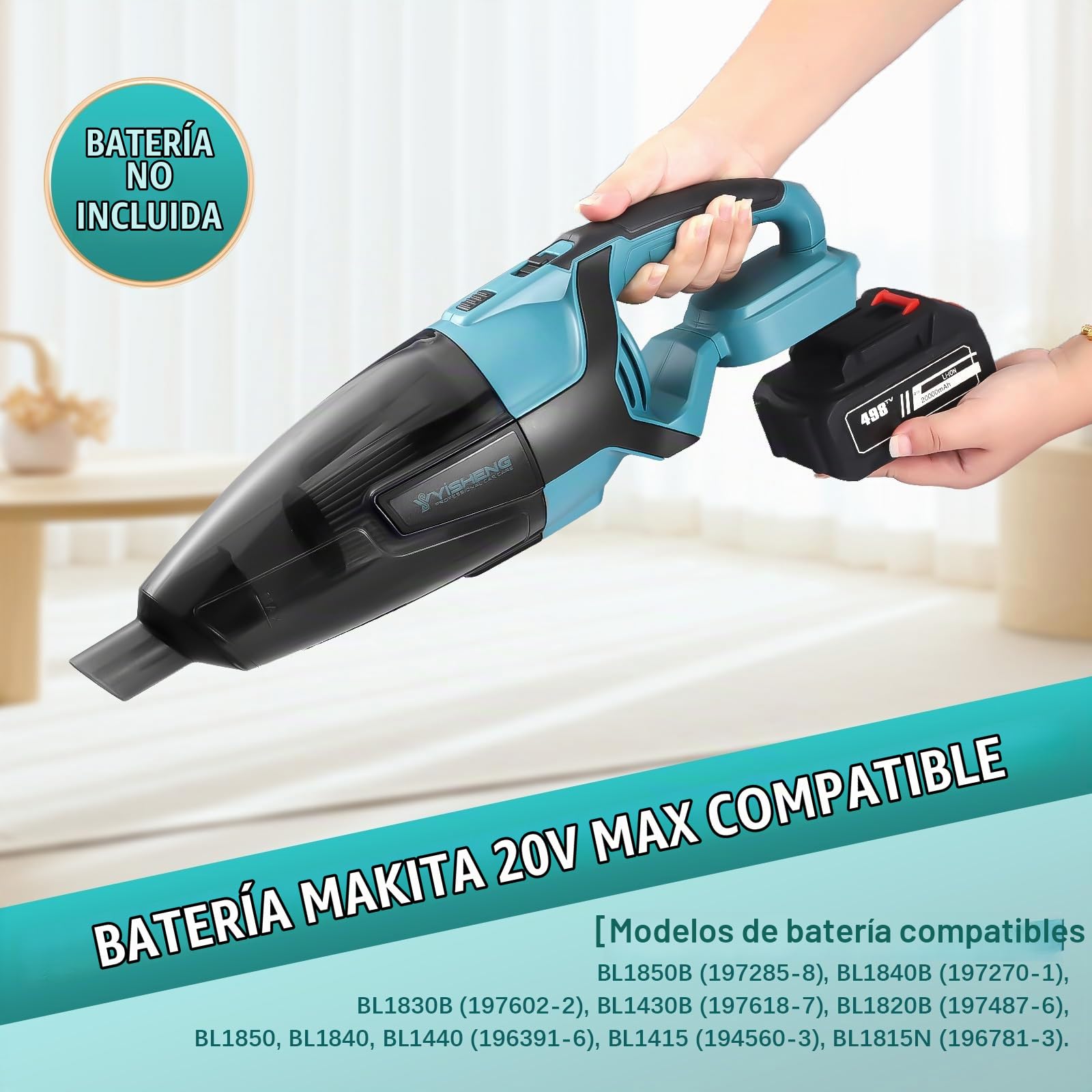 Aspiradora de mano inalámbrica para batería Makita de 18V, Mini aspiradora portátil y liviano uso en seco y húmedo, Aspirador pequeño con 3 boquillas y caja para el polvo, para el hogar y el automóvil