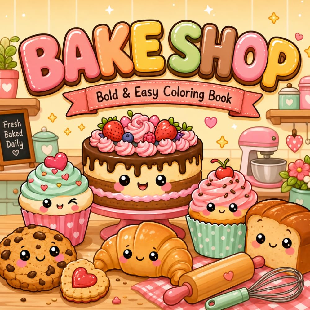 Bake Shop: A Bold & Easy Coloring Book for Adults, Teens & Seniors — 40 Simple Large-Print Pages of Cakes, Pastries, Bread, Cookies & Cozy Bakery Treats
