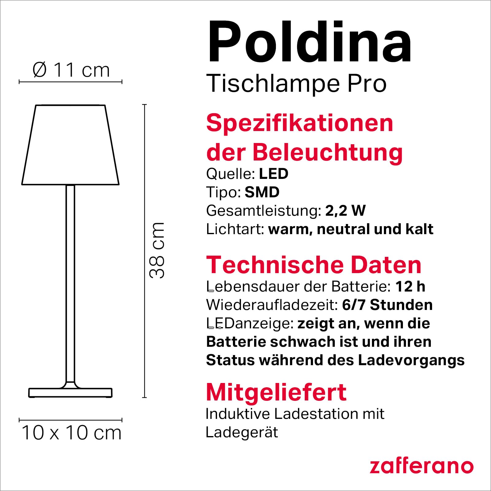 Zafferano, Poldina Pro Lampe, Kabellose, Wiederaufladbare Tischlampe mit Touch Control, Auch für den Außenbereich Geeignet, Dimmer, 2200-3000 K, Höhe 38 cm, Farbe Schwarz