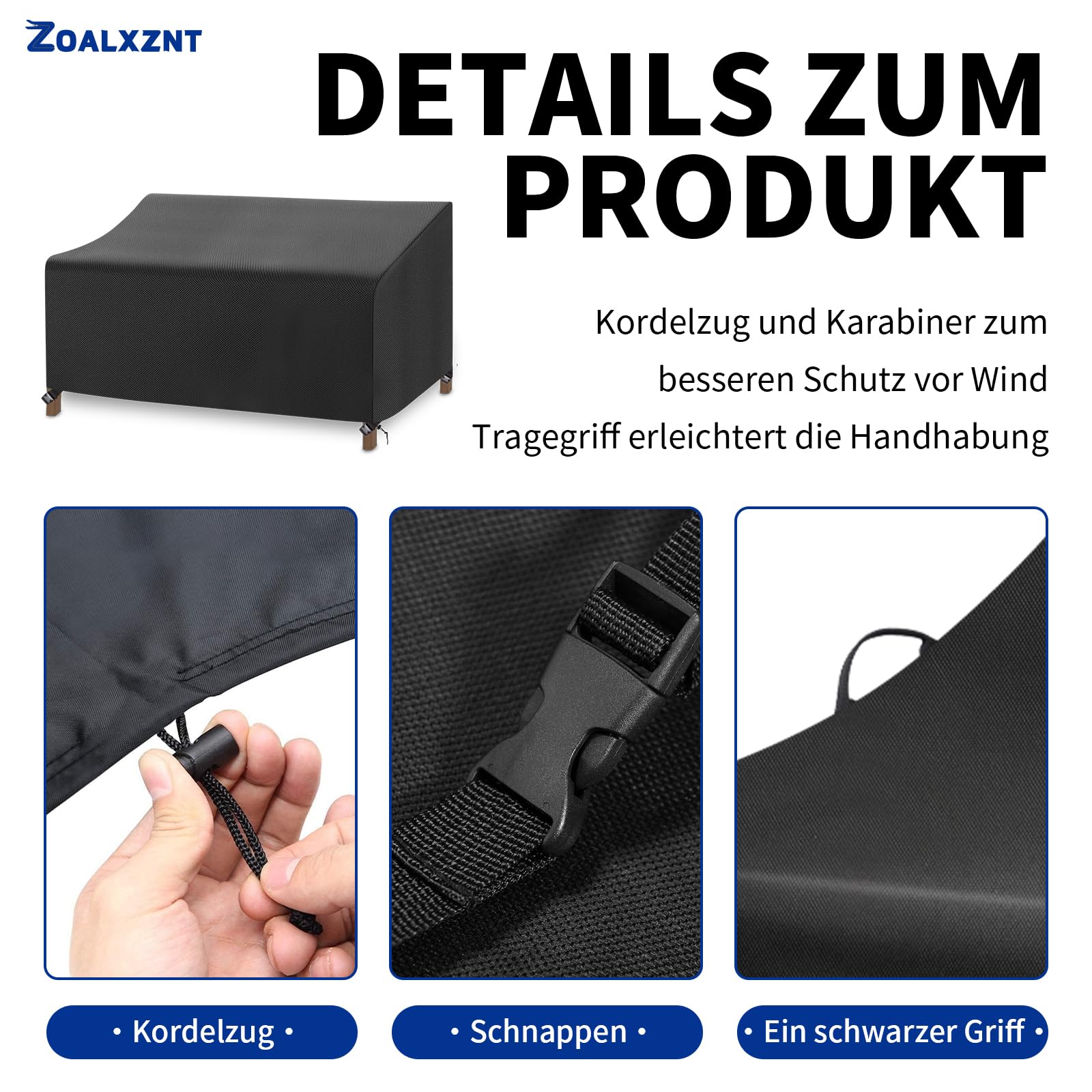 Gartensofa Abdeckung Wasserdicht, Outdoor Sofa Schutzhülle mit Kordelzug und 4 Schnappverschlussgurte, Gartensofa Abdeckplane Winddicht Anti-Uv, 420D Oxford-Stoff (236*102*61/89cm,Schwarz)