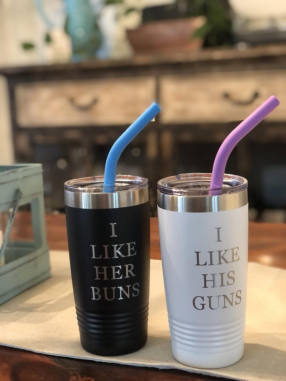 I Like Her, I Like His - Stainless Steel Tumbler Set with Silicone Straws and Lids Wedding Engagement Gifts for Husband, Wife, Bride, Groom, Anniversary, Black and White (20 ounce set)
