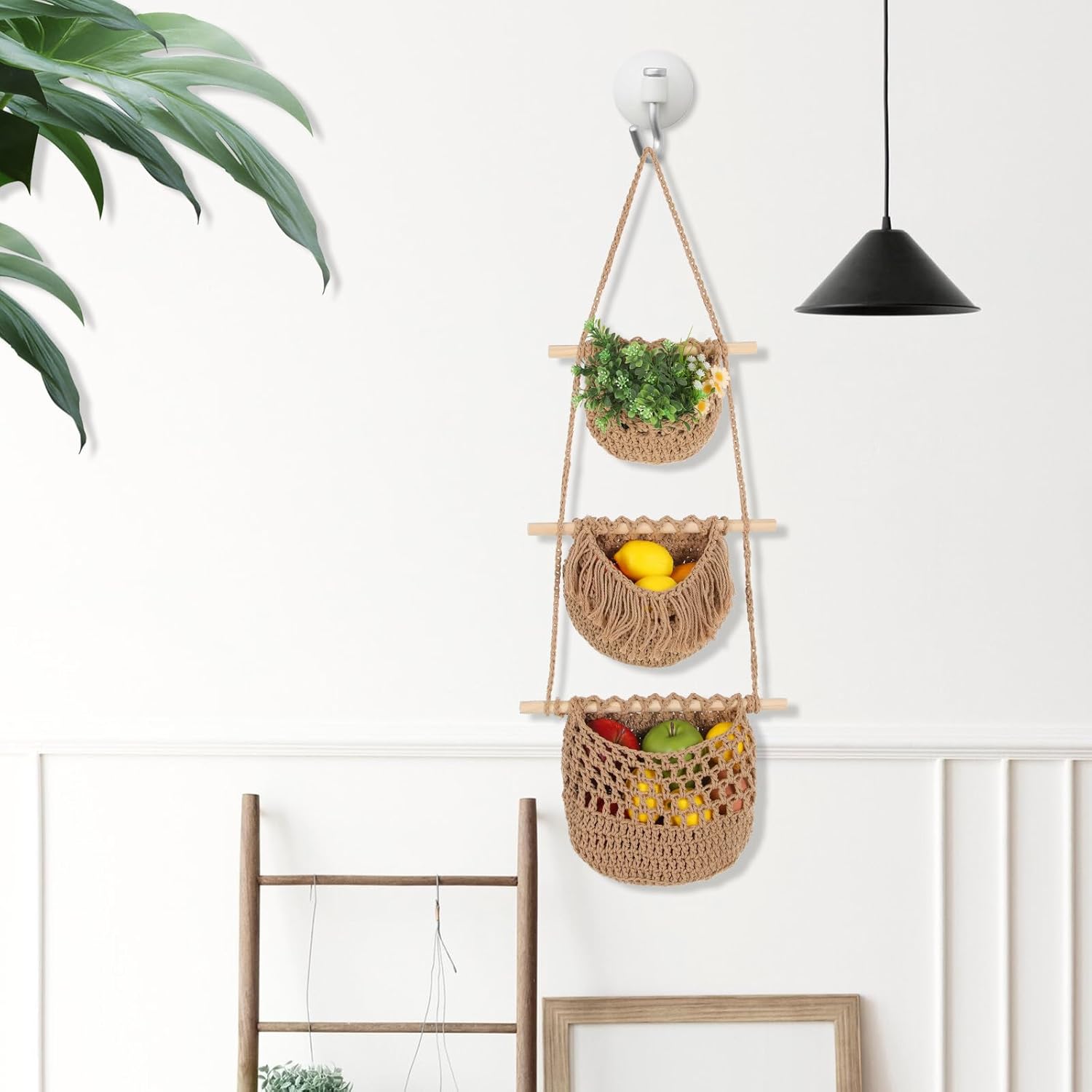 3 Tier Hanging Fruit Basket, Wall Hanging Vegetable Fruit Baskets Cotton Woven Storage Baskets for Organizing, BOHO Wall Basket Decor, Over the Door Organizer for Kitchen, Bedroom, Bathroom
