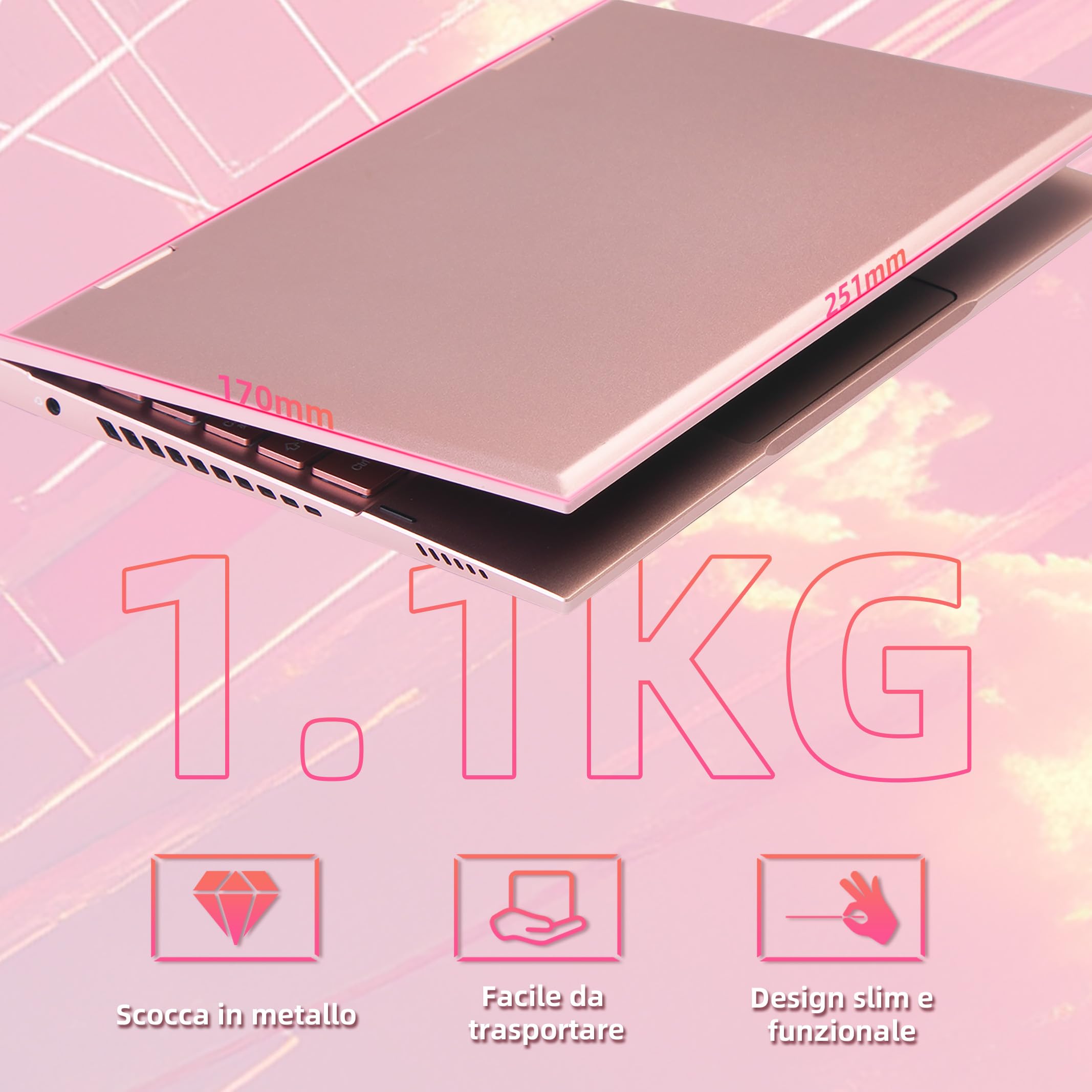 Mini Laptop 2 in 1 10.95" Touch Screen Notebook Convertibile 360° Win 11 Pro Celeron N95 16GB DDR5 256GB SSD 2000x1200 Tastiera Italiana Retroilluminata Stilo Oro Rosa