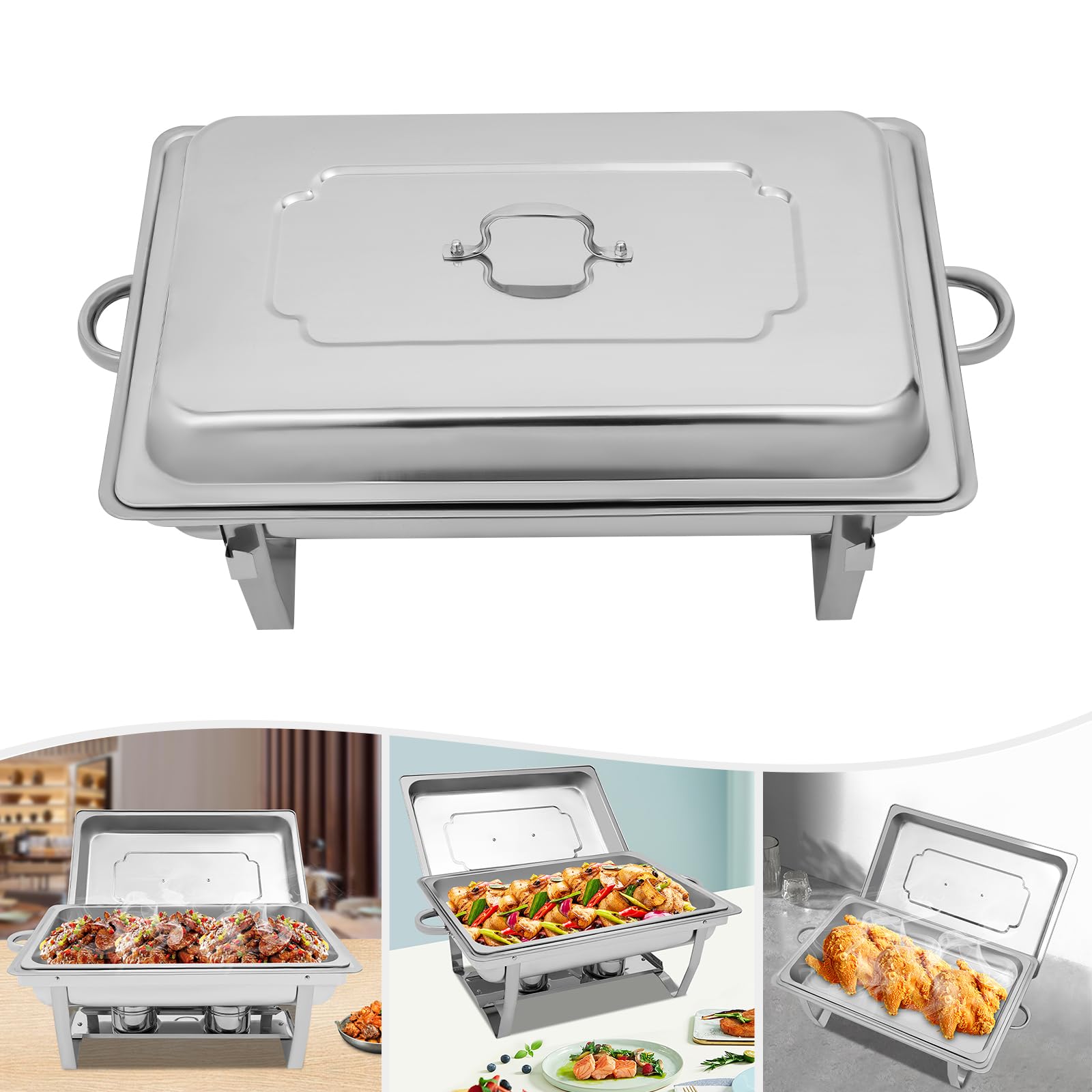 Chafing Dish 9L Credenza Riscaldata con Coperchio Riscaldatore Piatto in Acciaio Inossidabile Rettangolare per Famiglia, Feste, Hotel, Caffetterie