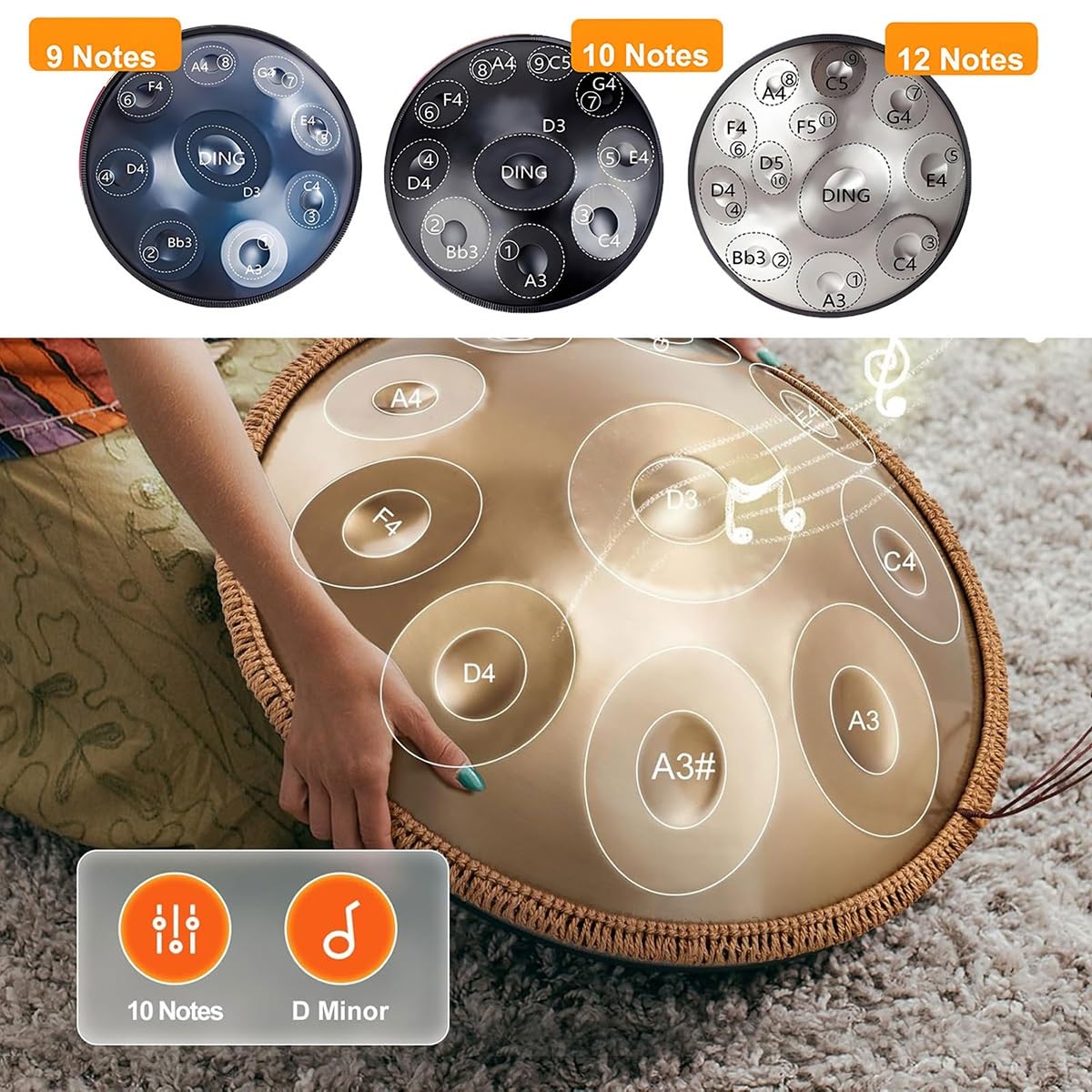 Tambour Handpan En Acier 440 Hz avec sac à main souple, 2 maillets, support, 22 Pouces Tambour À Main, instrument de percussion pour La Méditation, Le Yoga 9/10/12 Notes(Silver,12 Notes)
