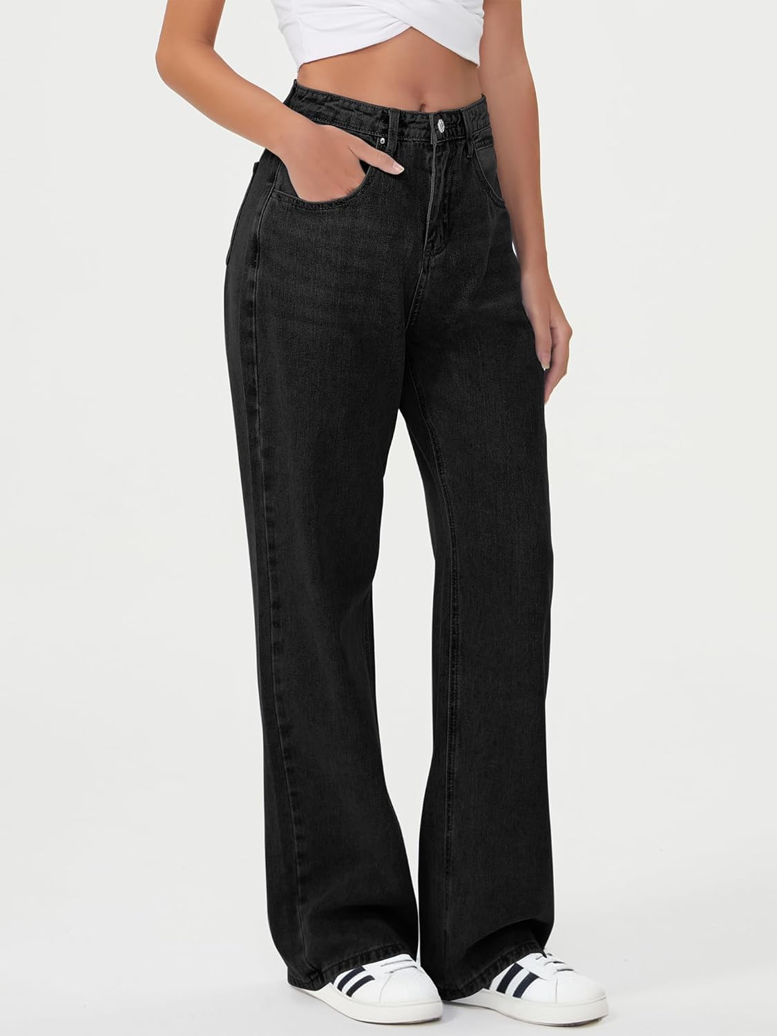 HDLTE Baggy Stretchy Jeans for Women High Waisted Trendy Wide Leg Jeans Boyfriend Denim Pants with Patch Pockets - Image 4