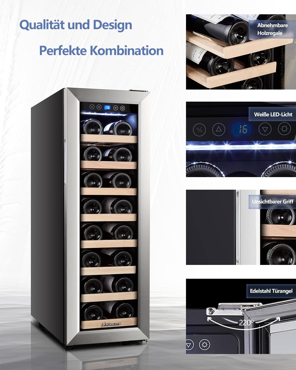 Kalamera KRC-75ASS wine refrigerator with a stainless steel frame and glass door, showcasing multiple wooden shelves filled with wine bottles. The internal LED light is on, and the digital display shows '16'.