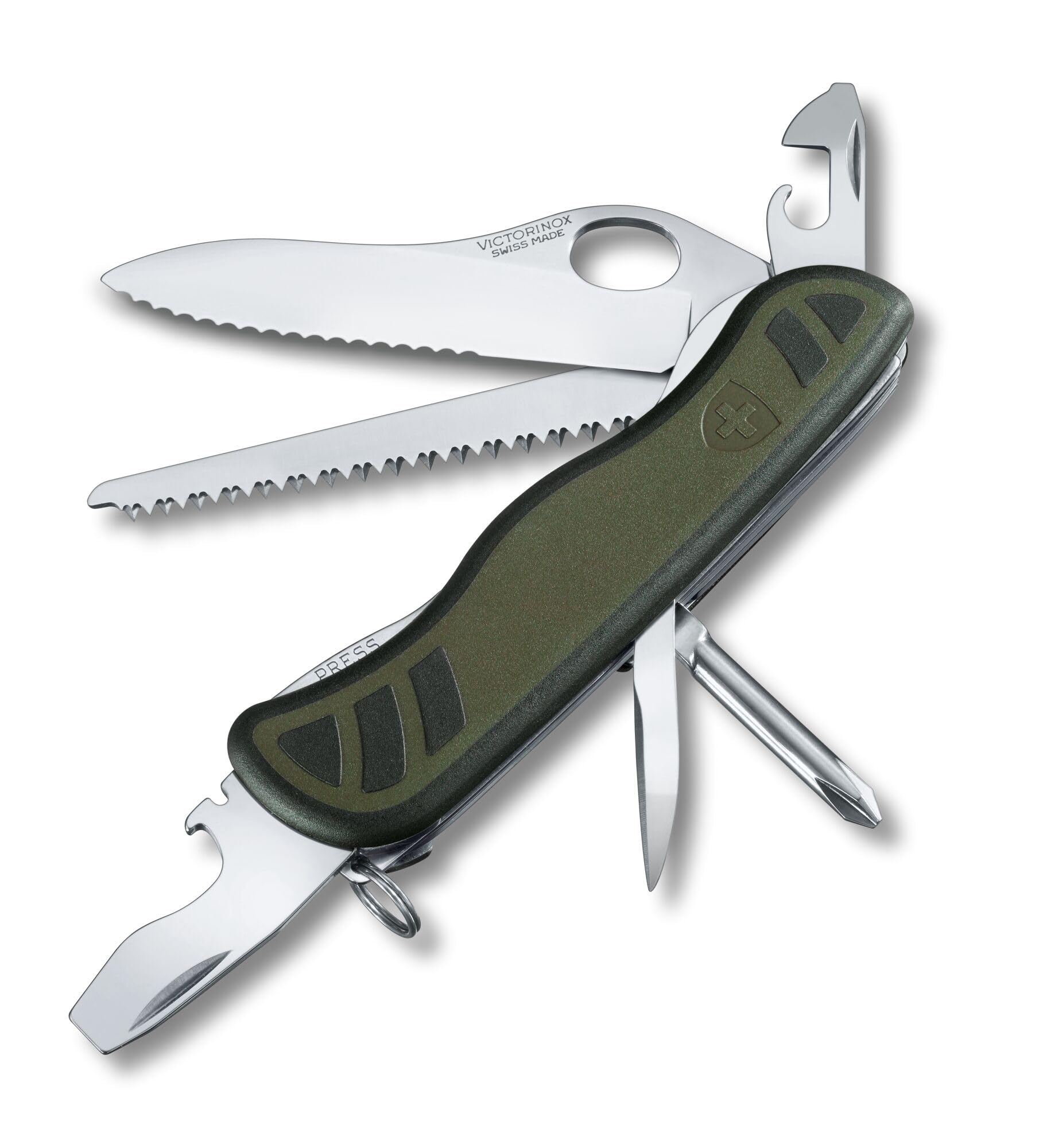 VictorinoxSoldiers Knife 08 Swiss Army Knife, Large, Multi Tool, 10 Functions, Locking Blade, One Hand, Green/Black