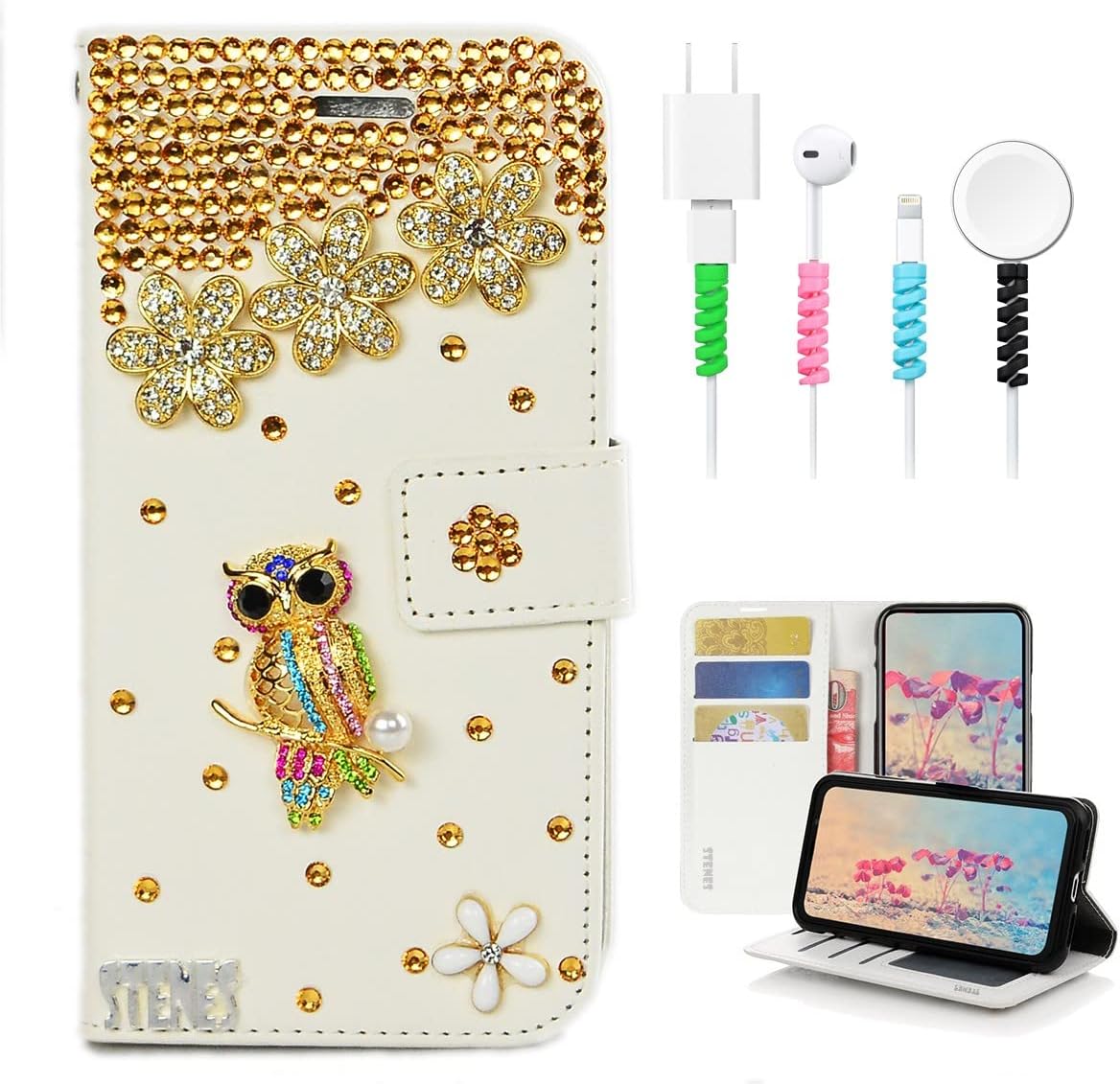 STENES Bling Wallet Case Compatible with Samsung Galaxy J7 (2018) - Stylish - 3D Handmade Luxury Peacock Pendant Flowers Leather Cover with Cable Protector [4 Pack] - Gold