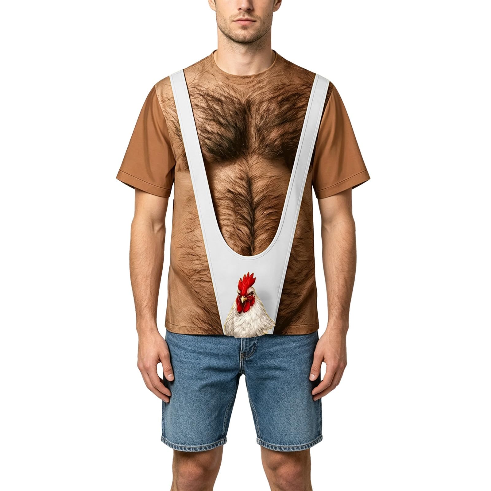 3D Chest Hair Print Funny Novelty T Shirt Rooster Design Hilarious Stag Do Classic Mankini Style Shirt Plus Size Short Sleeve Casual Fancy Dress Top for Bachelor Party Halloween Costume White