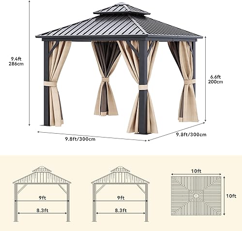 Miniatura 6 de DWVO Gazebo de techo rígido de 10 x 10 pies, techo doble con redes y cortinas, techo de rayas verticales de acero galvanizado resistente para patio,