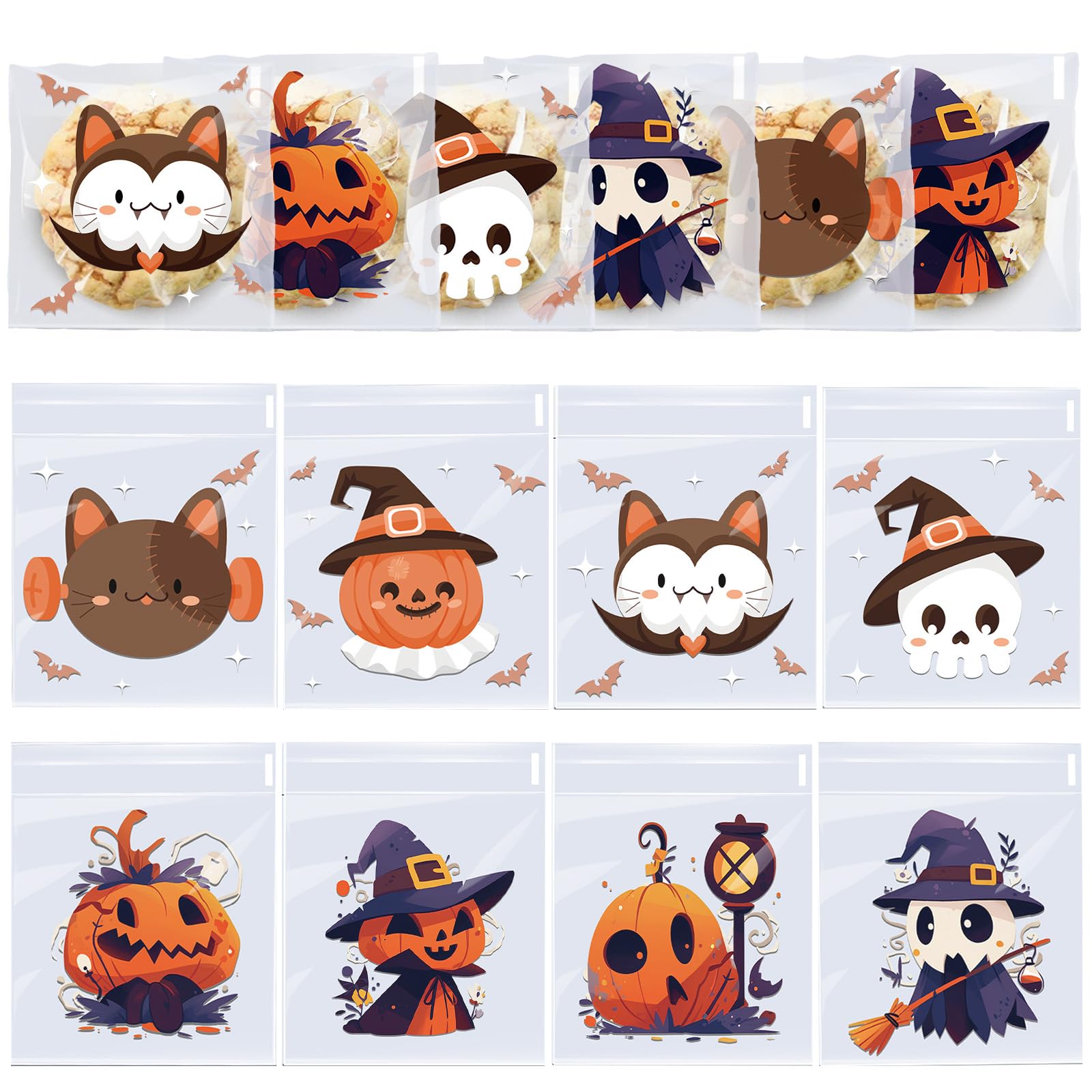 MOMAHUA 200Pcs Halloween Cookie Bags,10x10cm Self Adhesive Clear Candy Bag,Sweets Biscuit Treats Bags Party Favor Bag,Halloween Goodie for Party Supplies