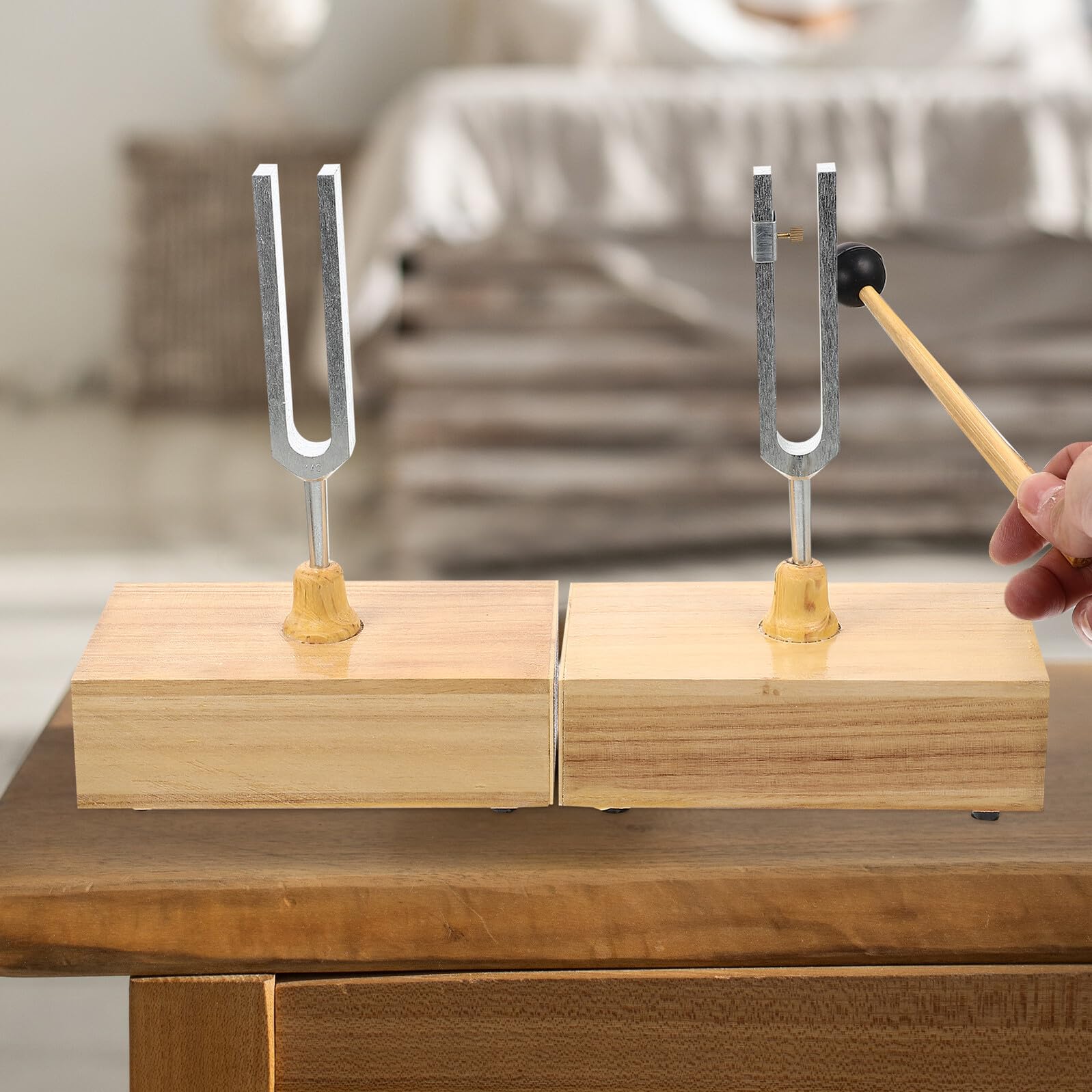 Stimmgabelset 440hz aus Metall und Holzsockel mit Hammer | 1 Satz, für Physikalische und Akustische Experimente, Stabile Platzierung, Präzise Abstimmung