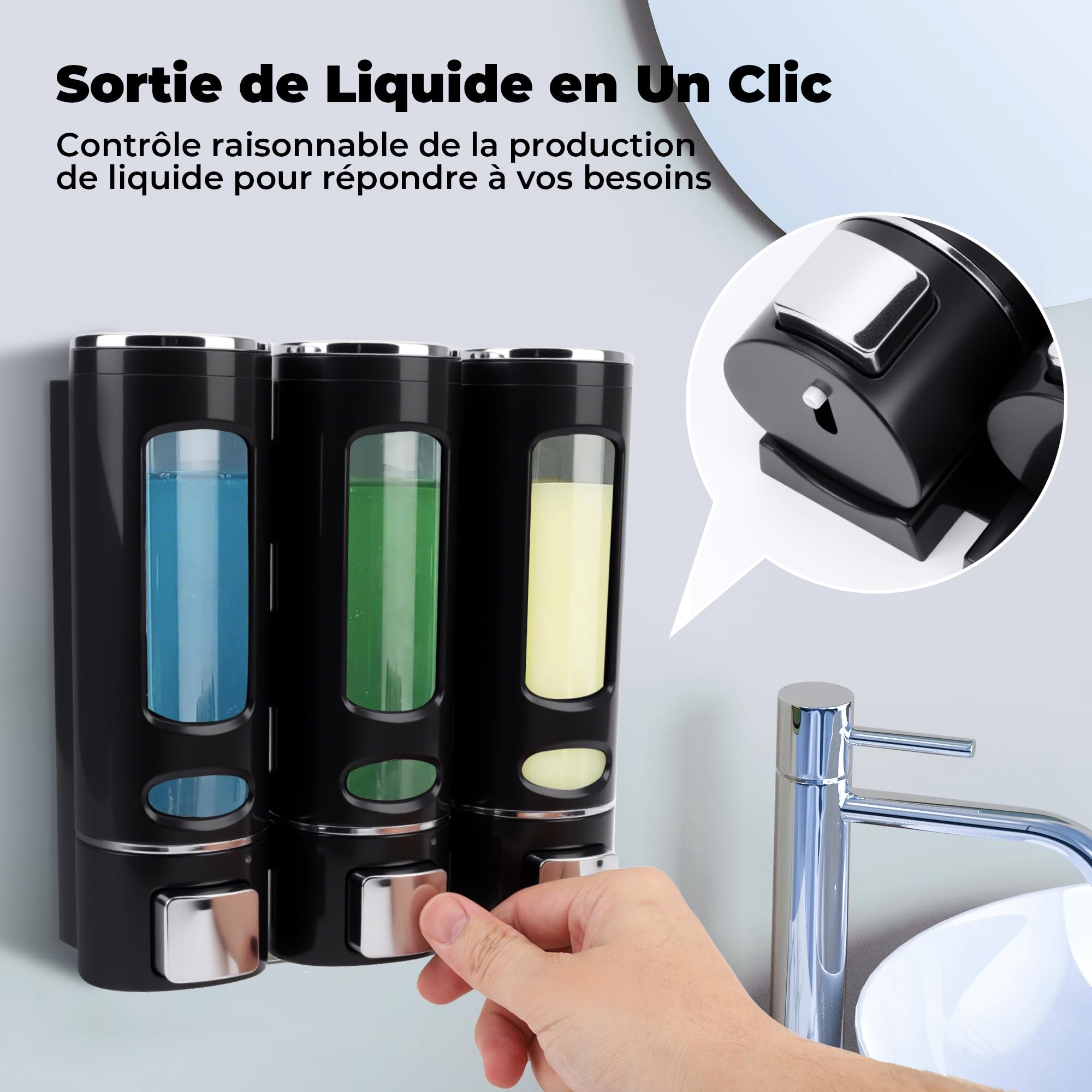 Distributeur Savon Mural, Distributeur Gel Douche, Distributeur Triple de Shampoing et Après-shampoing sans Perçage ABS pour Salle de Bain Hôtel Cuisine Marché Restaurant 400ML*3(Noir)