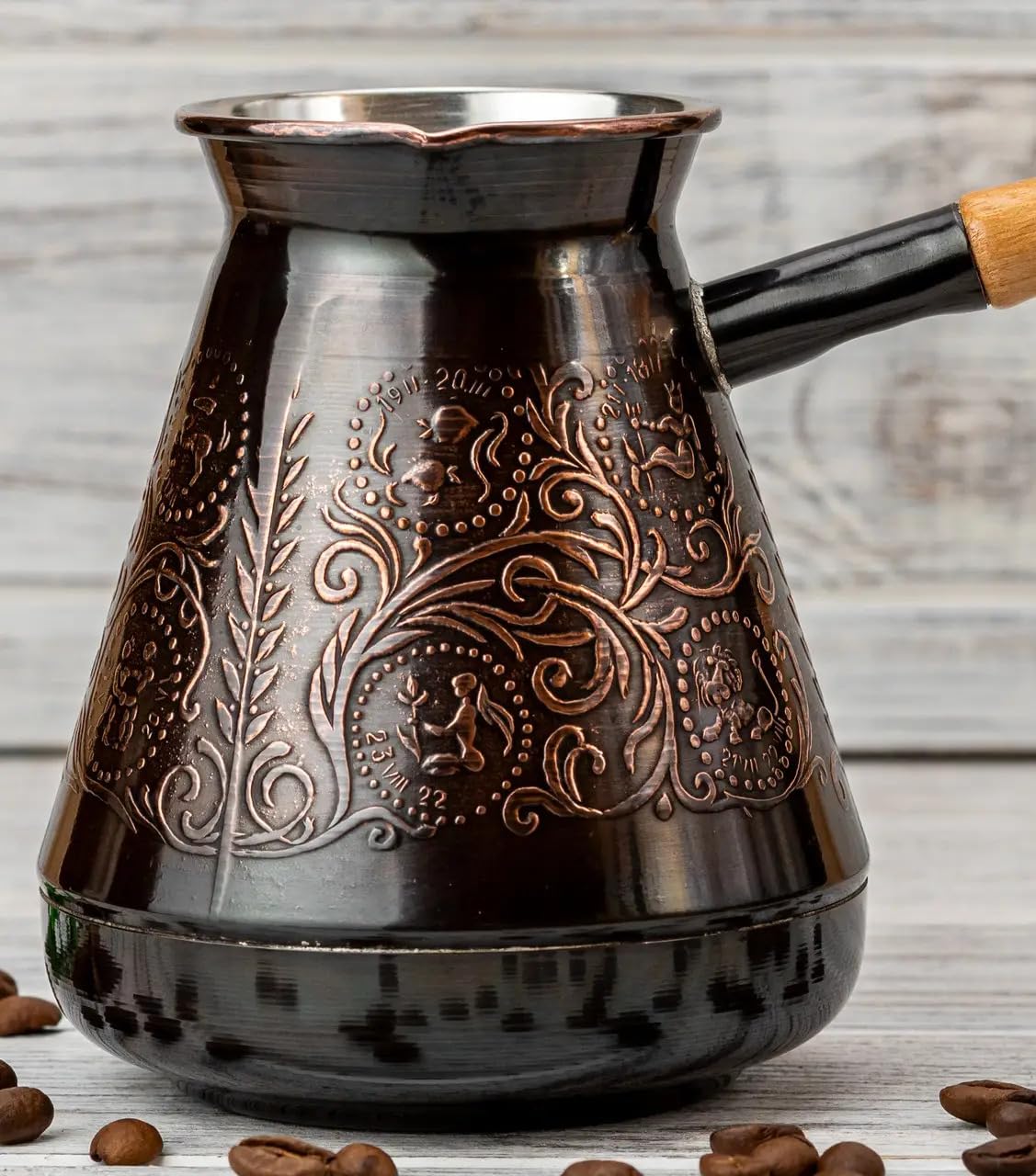 Turka, Türkische Kaffeekanne Kupfer-Dzhezva – Mokkakocher mit Holzgriff, handgefertigte Gravur, orientalisches Design, 500 ml