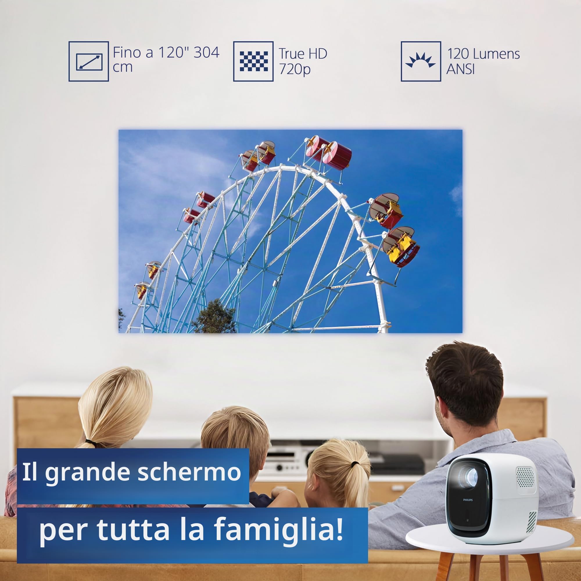 Philips, Neopix 130, Proiettore Home Theatre, Correzione avanzata delle immagini, Full HD 720p, LED, Modalità Specchio Wi-FI, Audio Stereo, Sistema operativo collegato, Blanco