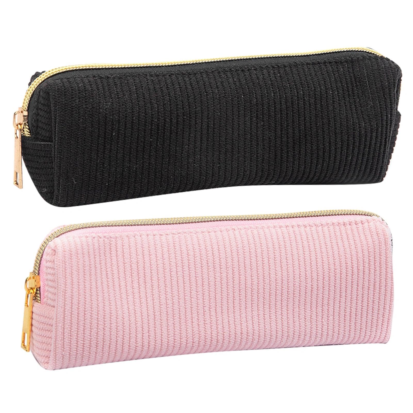 2 Pezzi Astuccio in Velluto a Coste, Elegante Astuccio per Ragazzi e Ragazze, Con Pratica Chiusura Lampo per Scuola, Università e Ufficio (Rosa/Nero)