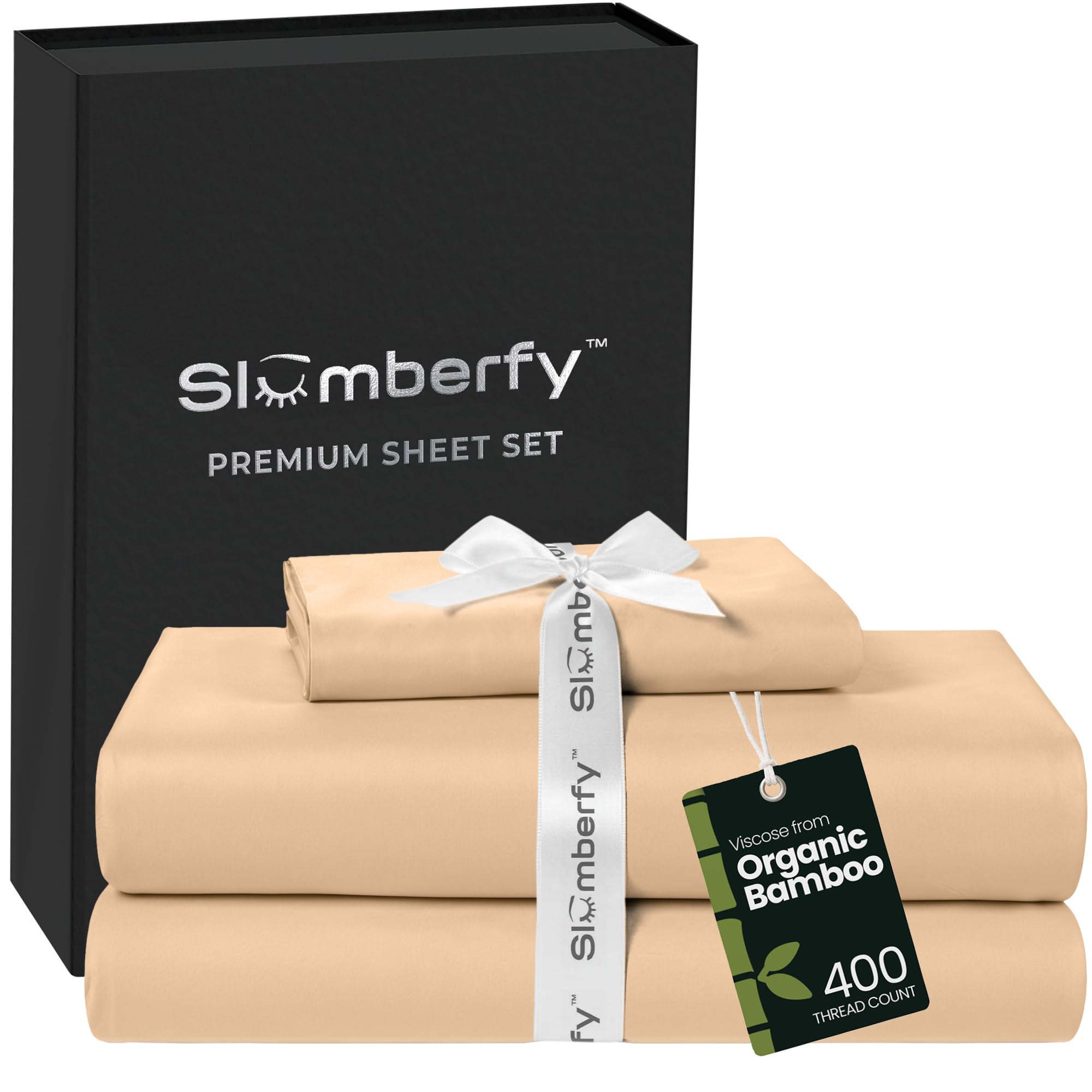 Slumberfy 3-Piece 400 TC Viscose Derived from Bamboo Sheets, Twin XL Size - 1 Fitted, 1 Flat, 1 Pillow Case - Deep Pocket Cooling Viscose-Bamboo Bed Sheets in Magnetic Closure Gift Box, Sand