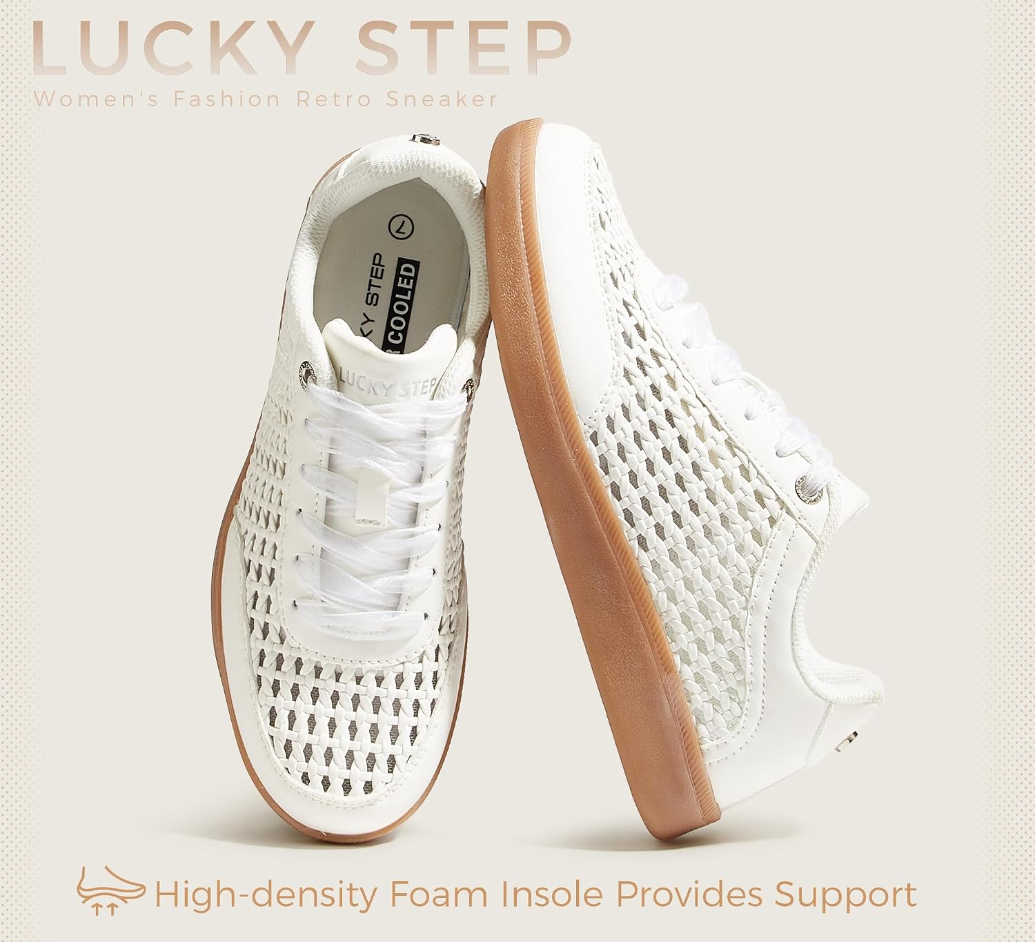 LUCKY STEP Women's Fashion Tennis Shoes Classic Retro Sneakers Casual Gum Sole Braided Raffia Street Style Trendy Walking Footwear