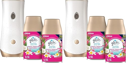 Glade Kit automático de repuesto y soporte de aerosol, ambientador para el hogar y el baño, flores tropicales, 6.2 onzas, 2 unidades (paquete de 2),