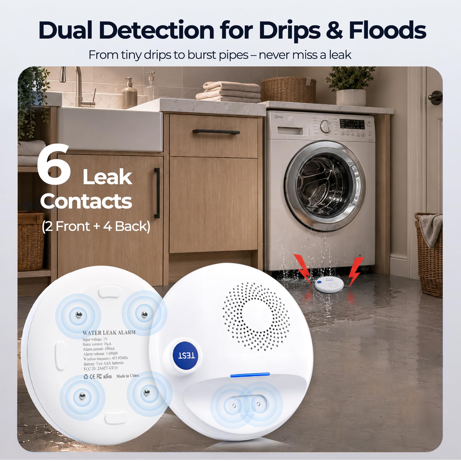 Rilevatore di perdite d'acqua, multipunto, allarme APP, sensore d'acqua wireless conforme allo standard IP67 e allarme gocciolamento per casa, cantina e bagno (4)