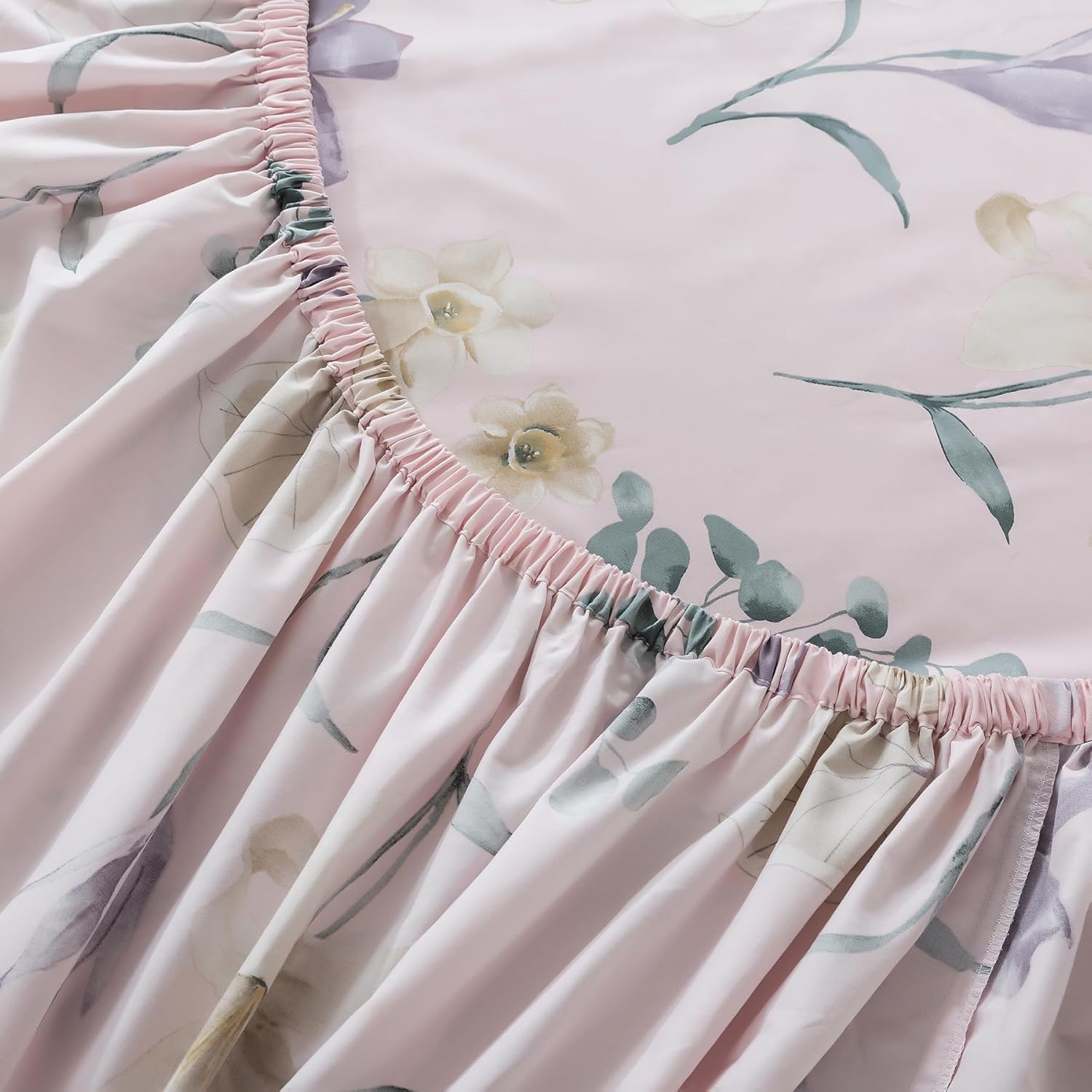 Lemfux King Bed Sheet Set 4 Piece Cotton Sheets King Leaf and Floral Print Farmhouse Sheet Set, Shabby Botanical Pattern Pink 1 Flat Sheet 110"x102", 1 Fitted Sheet 78"x80", 2 Pillowcases 20"x36"