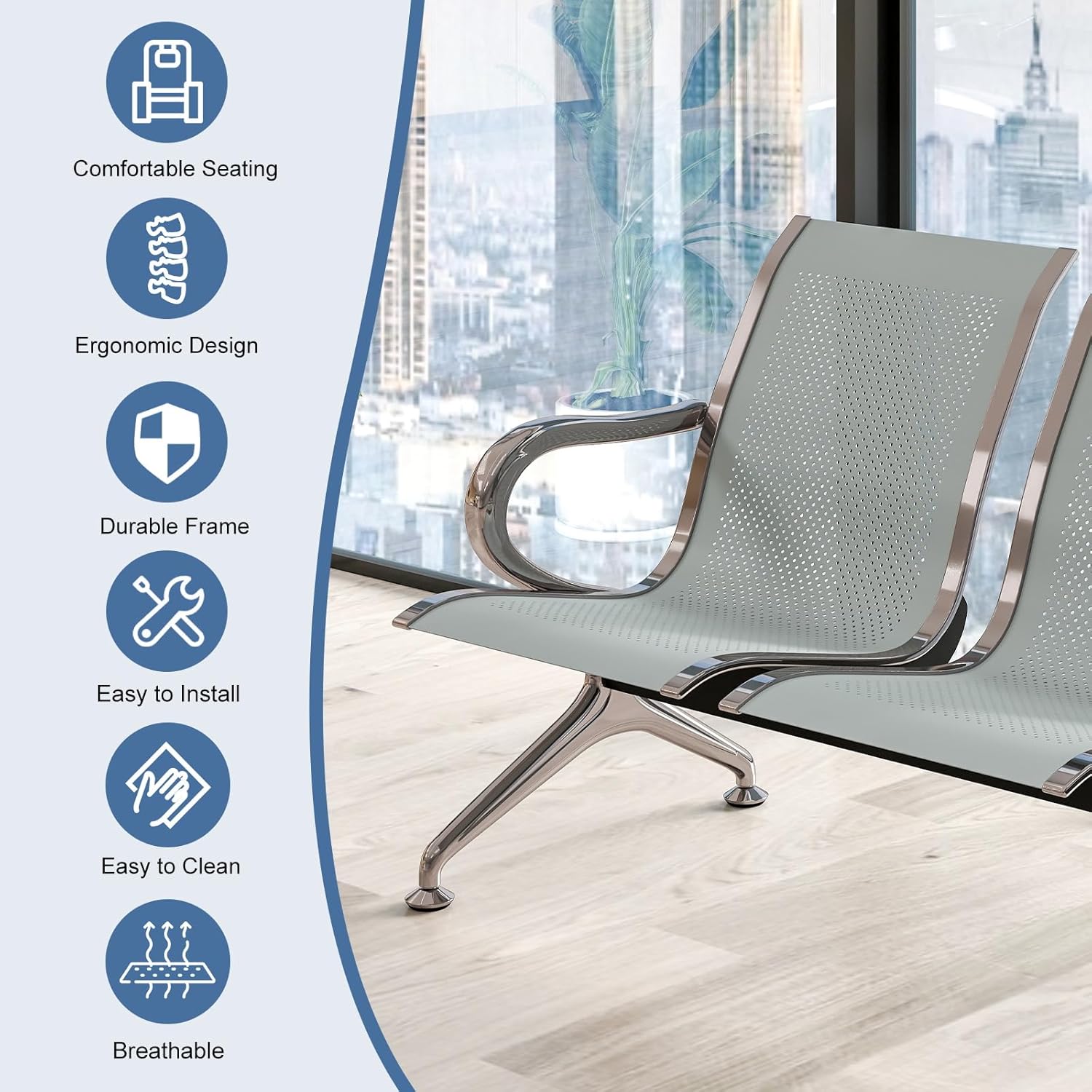 kinbor Waiting Room Chairs - 3 Seat Gray Office Guest Reception Chairs, Waiting Room Bench for Clinic, Lobby Furniture for Hospital, Salon, Bank, Airport