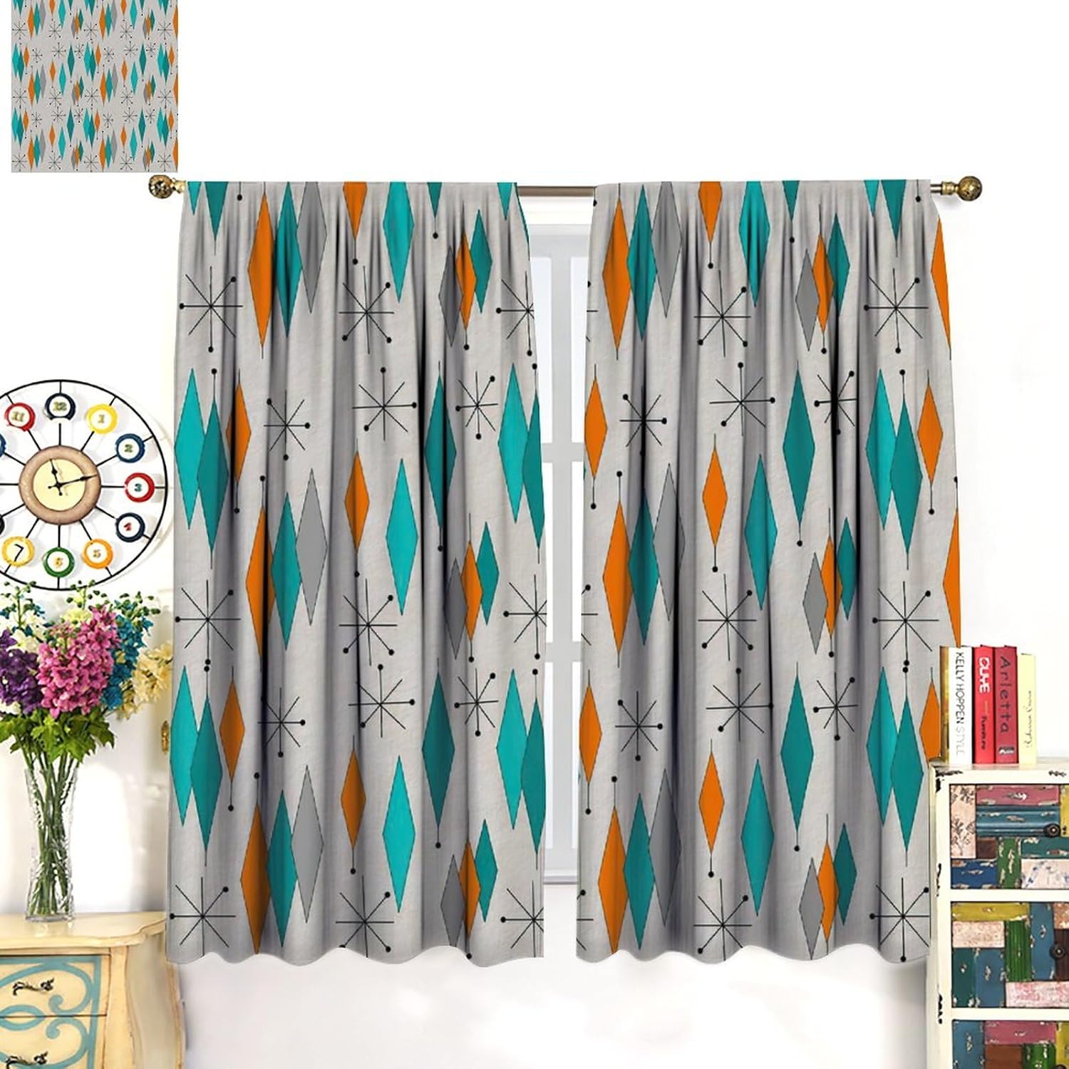 Europen Modern Mid Century Blackout Curtains - Abstract Background Mid Century Colorful Diamond Print for Home Kitchen Livingroom Coffee Room Curtains Window Drapes 2 Panels W42xL45 Inch