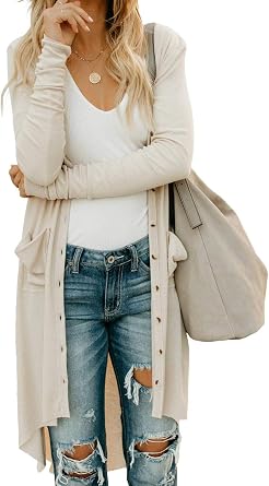 Women's Open Front Cardigan - Button Down, High Low Hem, Long Sleeve Knit With Pockets