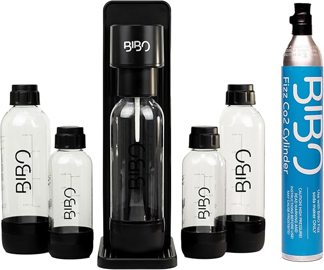 BIBO Fizz Pack - Sparkling Water and Soda Maker Machine - Make Carbonated Fizzy Drinks at Home - Includes 60 Litre CO2 Gas Canister, 2 x 1 Litre & 2 x 500ml Reusable BPA-free Water Bottles, Black
