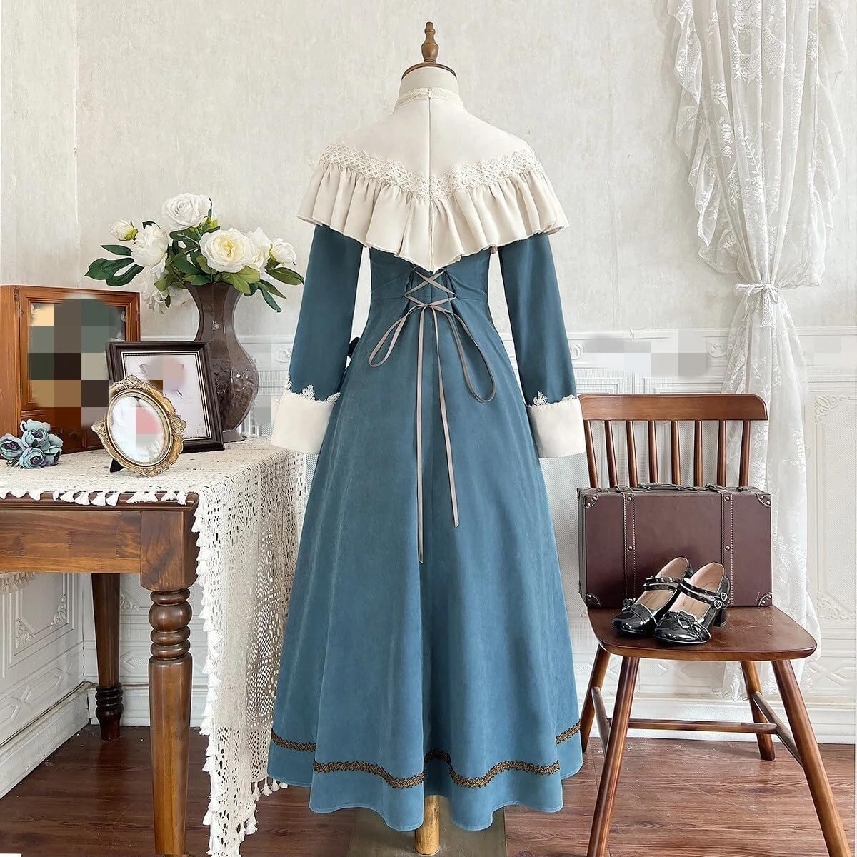 Women Victorian Edwardian Maxi Dress, Blue, Lace Ruffle Cape Collar, Corset Back, Tea Party Halloween Costume