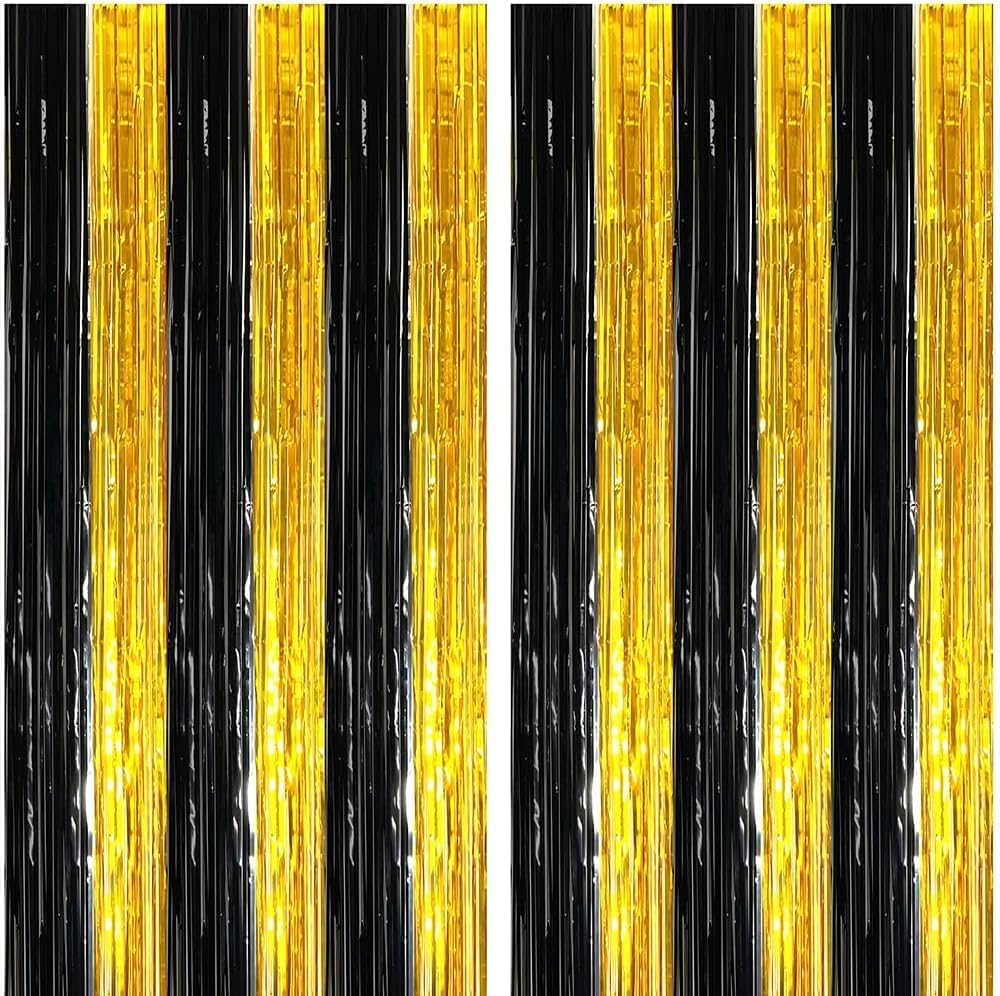 Black and Gold Streamers, 2Pcs Gold Foil Fringe Curtains Backdrop