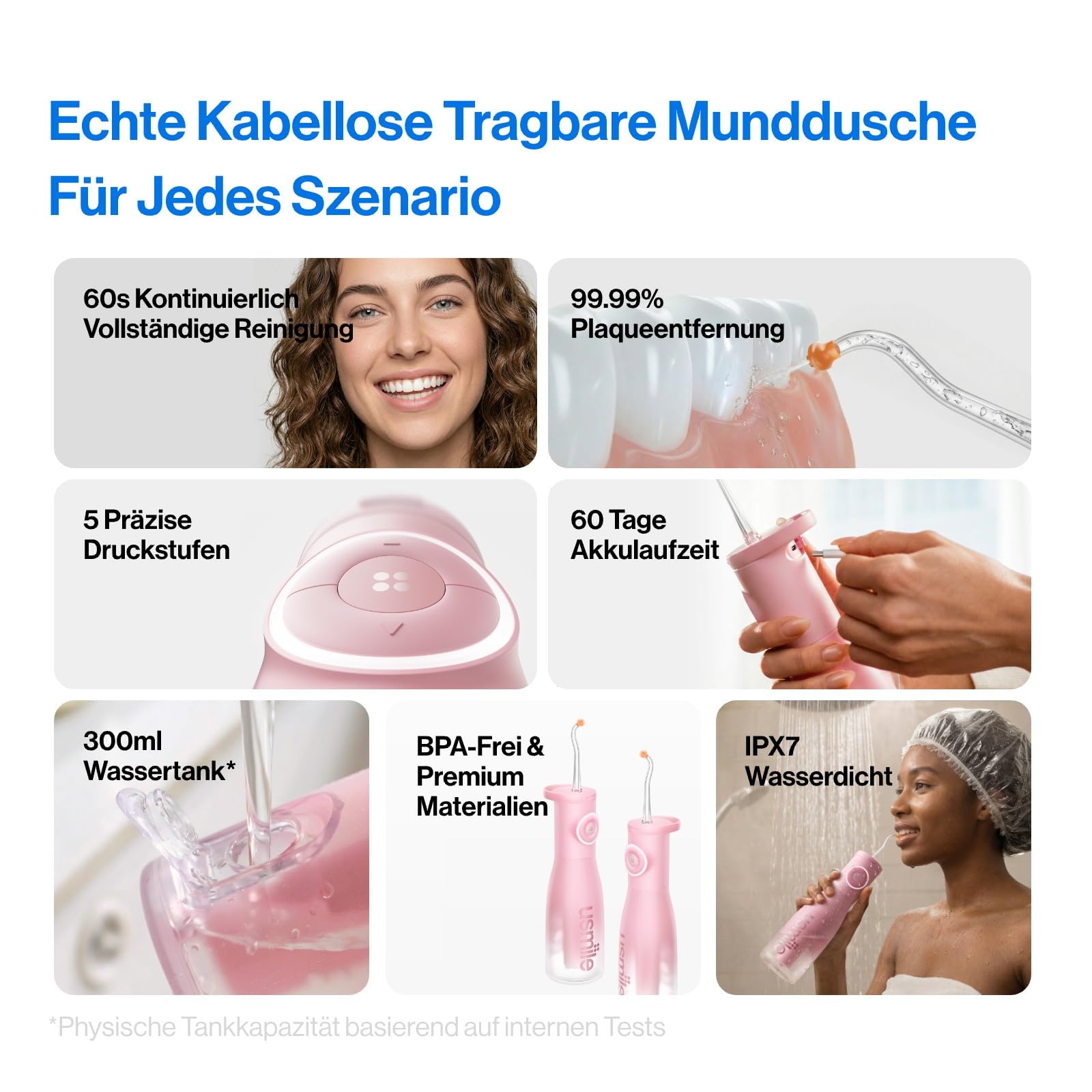 usmile C30 Munddusche Kabellos, 300 ml, 5 Druckstufen, Rosa | S-Düsen für Zahnspangen & Invisalign, USB-C wiederaufladbar, IPX7 wasserdicht, ideal für Reisen und Zuhause