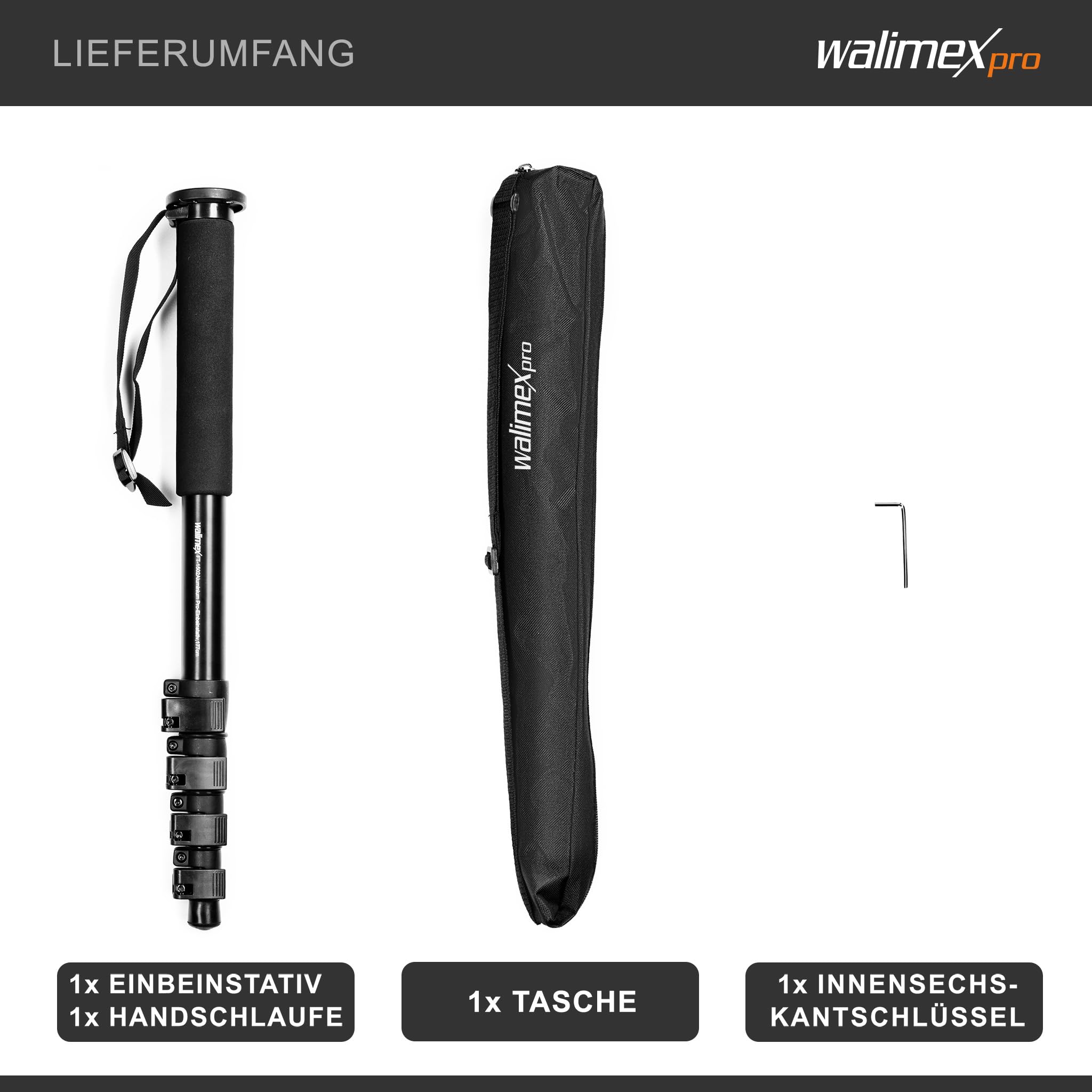 Walimex FT-1502 Pro Einbeinstativ 177 cm, robustes Fotostativ aus Aluminium, Kamerastativ mit 10 kg Traglast, Stativ für DSLR, DSLM und Kompaktkameras, inkl. Transporttasche
