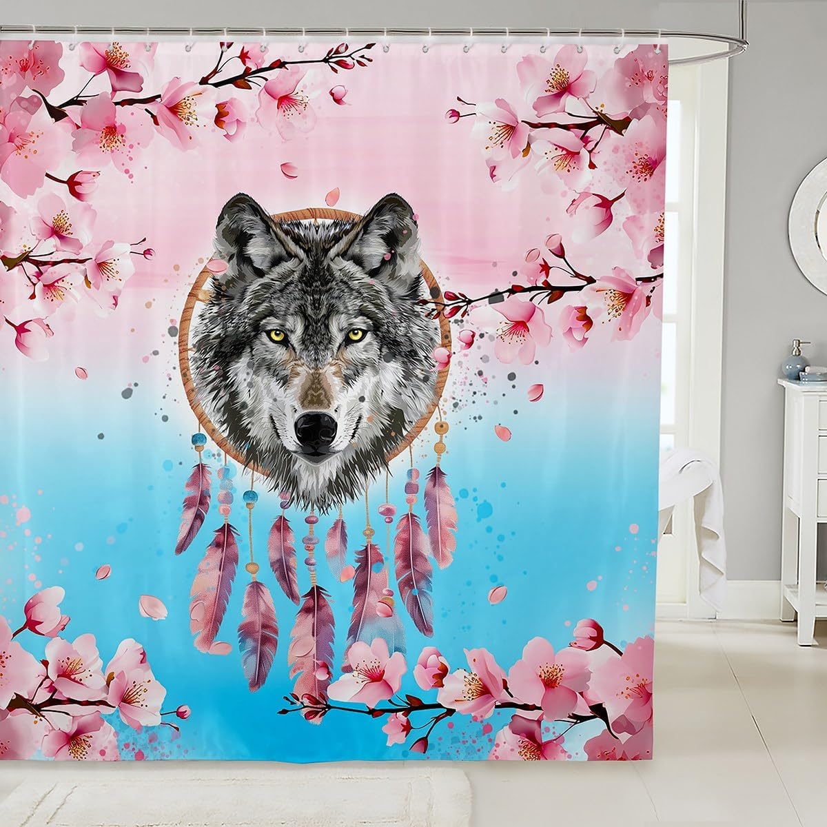 Cute Little Ballet Princess Shower Curtain Ballerina Bath Curtain 72"Wx78"L,Cherry Blossom Bathroom Shower Curtain Sets Pastel Pink Blue Floral Bathroom Accessories,Japanese Flowers Kawaii Room Decor