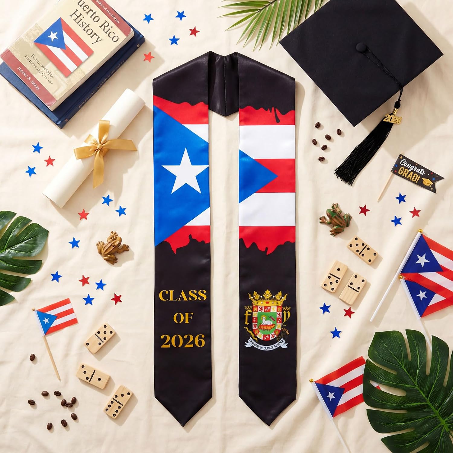 Puerto Rico Graduation Stole Sash American Flag Mixed Stole Class of 2026 Grade Sash for International Student