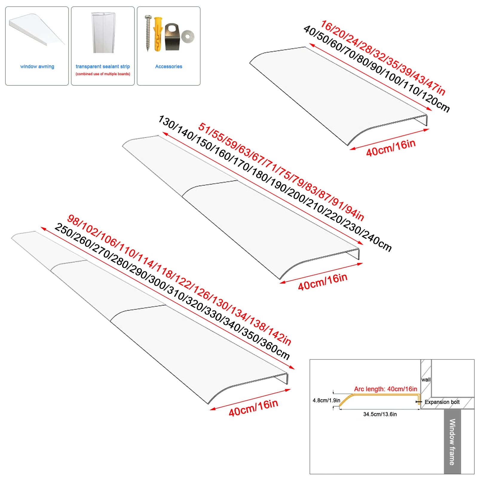 Marquesina para Puertas y Ventanas,Tejadillo de Protección Contra La Lluvia UV Contra La Luz Solar,Marquesina Puerta Exterior,Cubierta de Policarbonato,Tamaño Múltiple (40x100cm/16"x39")