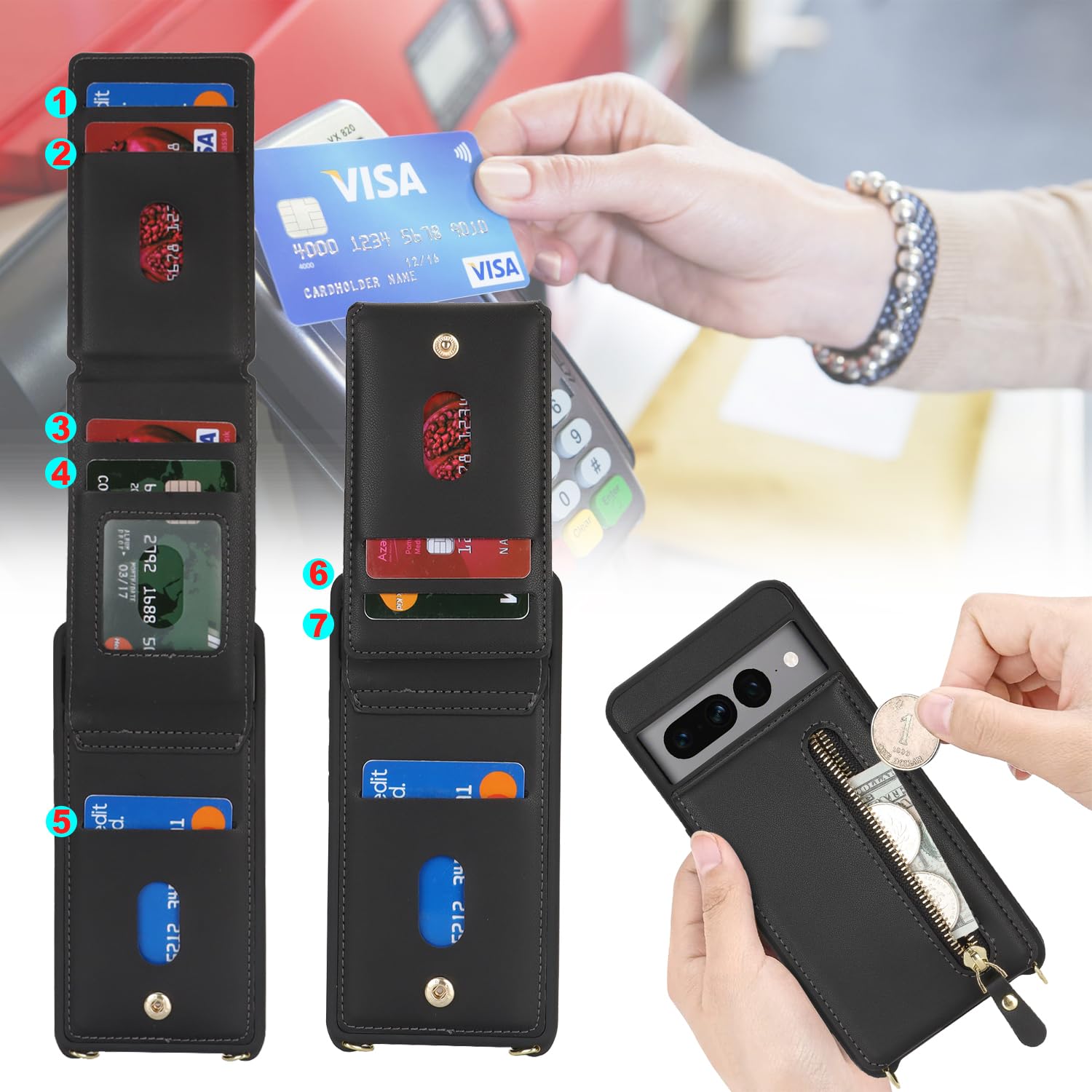 FunnyWin Google Pixel 7 Pro Case Leather Wallet With 9 Card Slot Kickstand Pixel 7 Pro Wallet Case Zipper Pocket Strong Magnetic Closure Shockproof Full Cover Flip Leather Case For Man