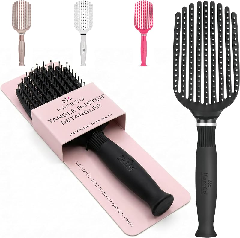 KareCo Premium Tangle Buster Brush - Cepillo para desenredar el cabello de viaje con mango de goma antideslizante y cerdas de nailon suave, desenredante de cabello húmedo y seco para todo tipo, negro