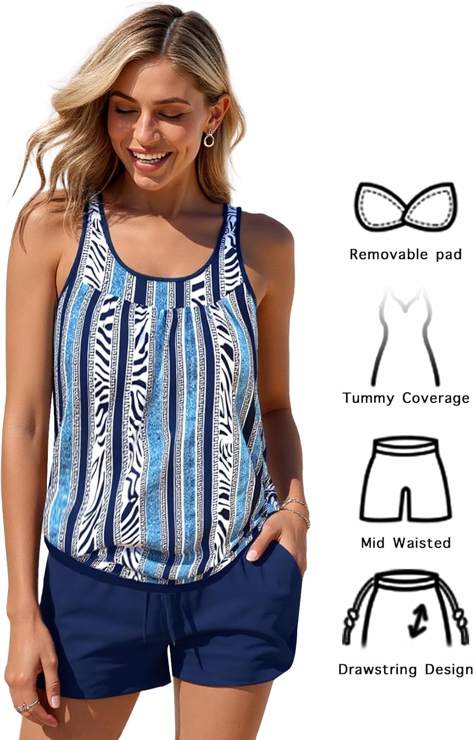 Modlily Classic Two Piece Tankini Swimsuits, Tummy Coverage Bathing Suits, Blouson Tank Top with Board Shorts - Image 6