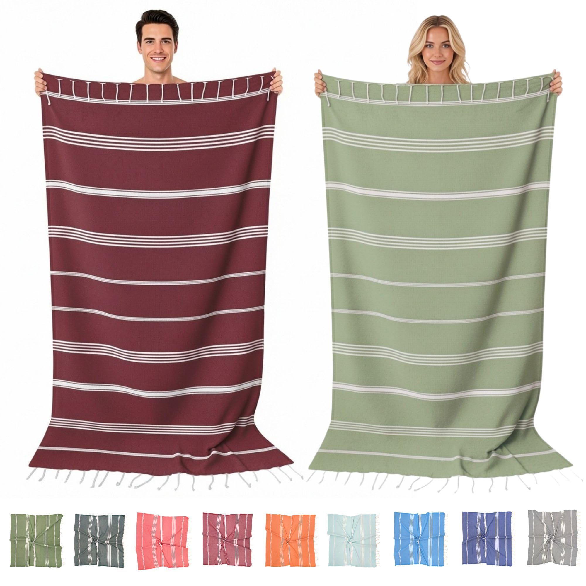 Serviette de Plage - Lot de 2 (Coton) XXL 100x200 cm, Fouta Plage - léger, compacte, Longue - Grande Taille Drap de Plage Serviette Hamam, Femme Homme, Serviette Pestemal, Beach Towel