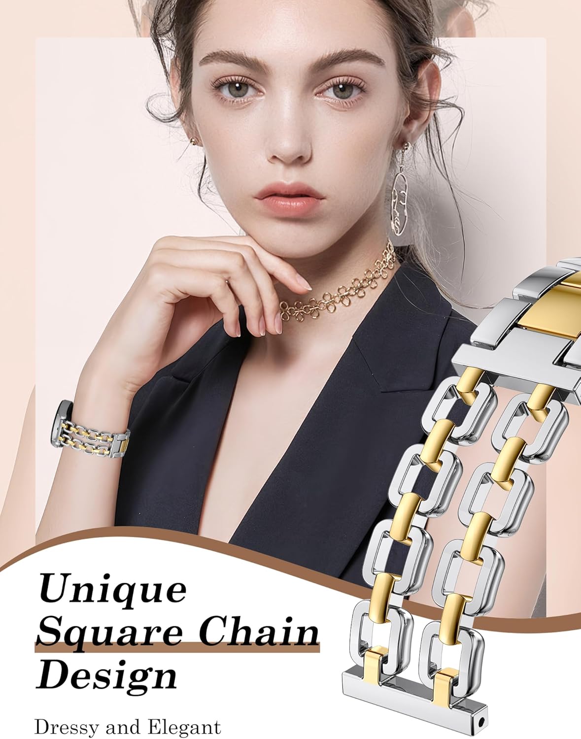 Wearlizer Metal Band Compatible with Samsung Galaxy Watch 7 6 5 4 FE Active 2 40mm 44mm/Watch 6 4 Classic 43mm 47mm 42mm 46mm/Watch 5 Pro 45mm Bands, 20mm Dressy Stainless Steel Chain Strap Women - Image 2