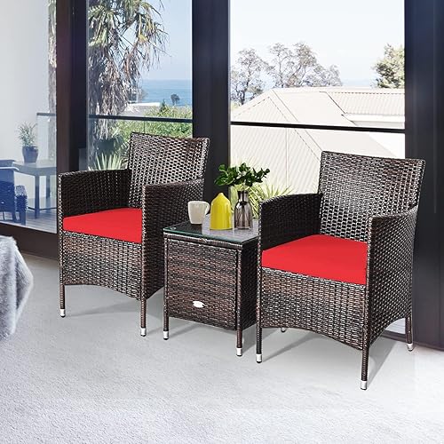 Miniatura 6 de Toolsempire Juego de 3 piezas para conversación de patio, juego de muebles de mimbre para exteriores con cojín resistente al agua y mesa de vidrio